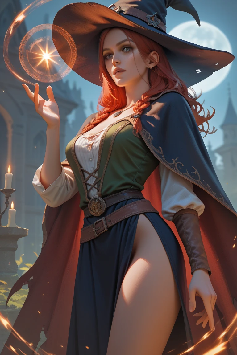 ((best quality)), ((masterpiece)), ((ultra realistic)), (dynamic sexy pose), award winning soft oil painting, trending on artstation, a beautiful witch casting a spell in a dark forest, close up, horror, highly detailed, tattered embroidered cloak, corset, cleavage, wand, dynamic angle, professional, dramatic cinematic lighting, soft edge lighting,