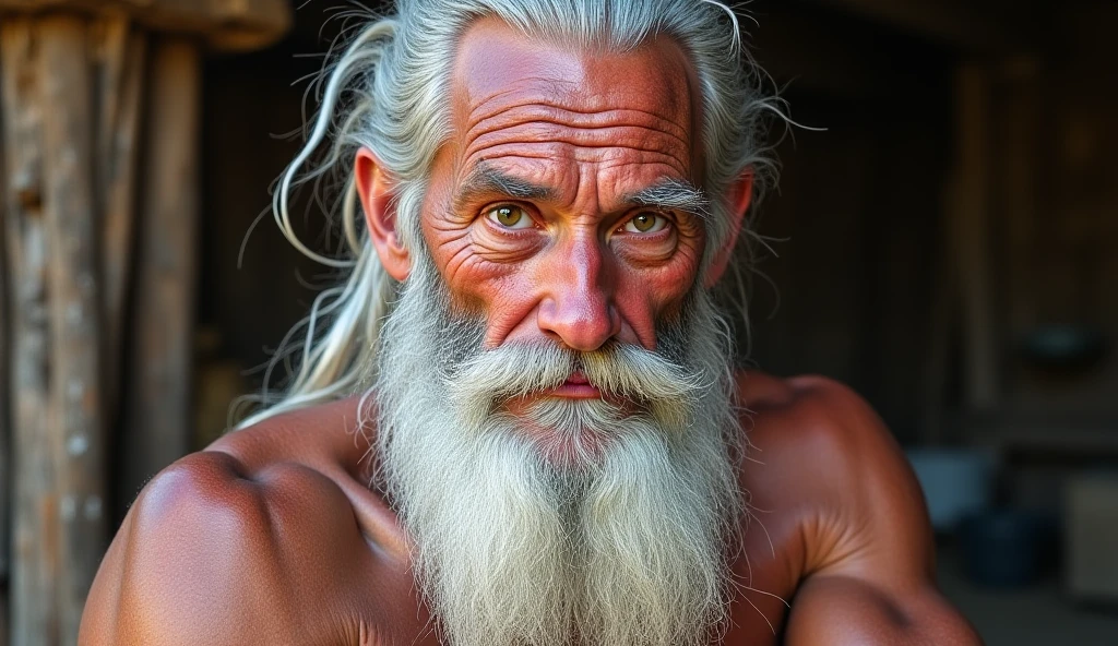 An elder with a long beard and white hair, with a serene face wrinkles, looking producing, body older weak, skinny bones hairy, body naked, his shirt was open to reveal his stomach wrinkles older hairy weak and chest, arms legs neck hands feet skinny old and weak, shy and blushed, Lying in the sea,water island,Closed eyes, one eyepatch black, master-piece,4K images,beste-Qualit