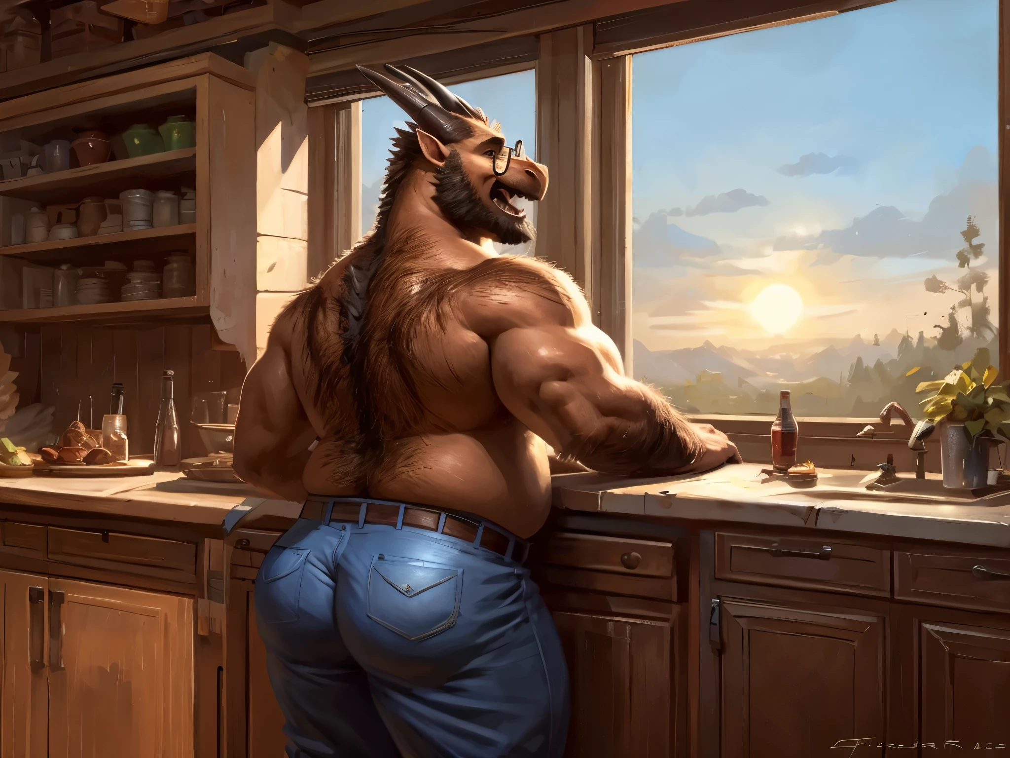 Solo, anthro, male (((cow, brown hair, hair over eyes, muscular, huge muscles, broad shoulders, huge pecs, abs, pink nipples, brown fur, brown body, pink nose, pink inner ear, horns, thick horns, muscular arms, muscular thighs, tail, blue baseball cap, brown penis, huge penis, thick penis, huge balls, saggy balls, ball tuft))) standing, kitchen, perfect anatomy, full body, by darkgem, by mystikfox61, by glitter trap boy