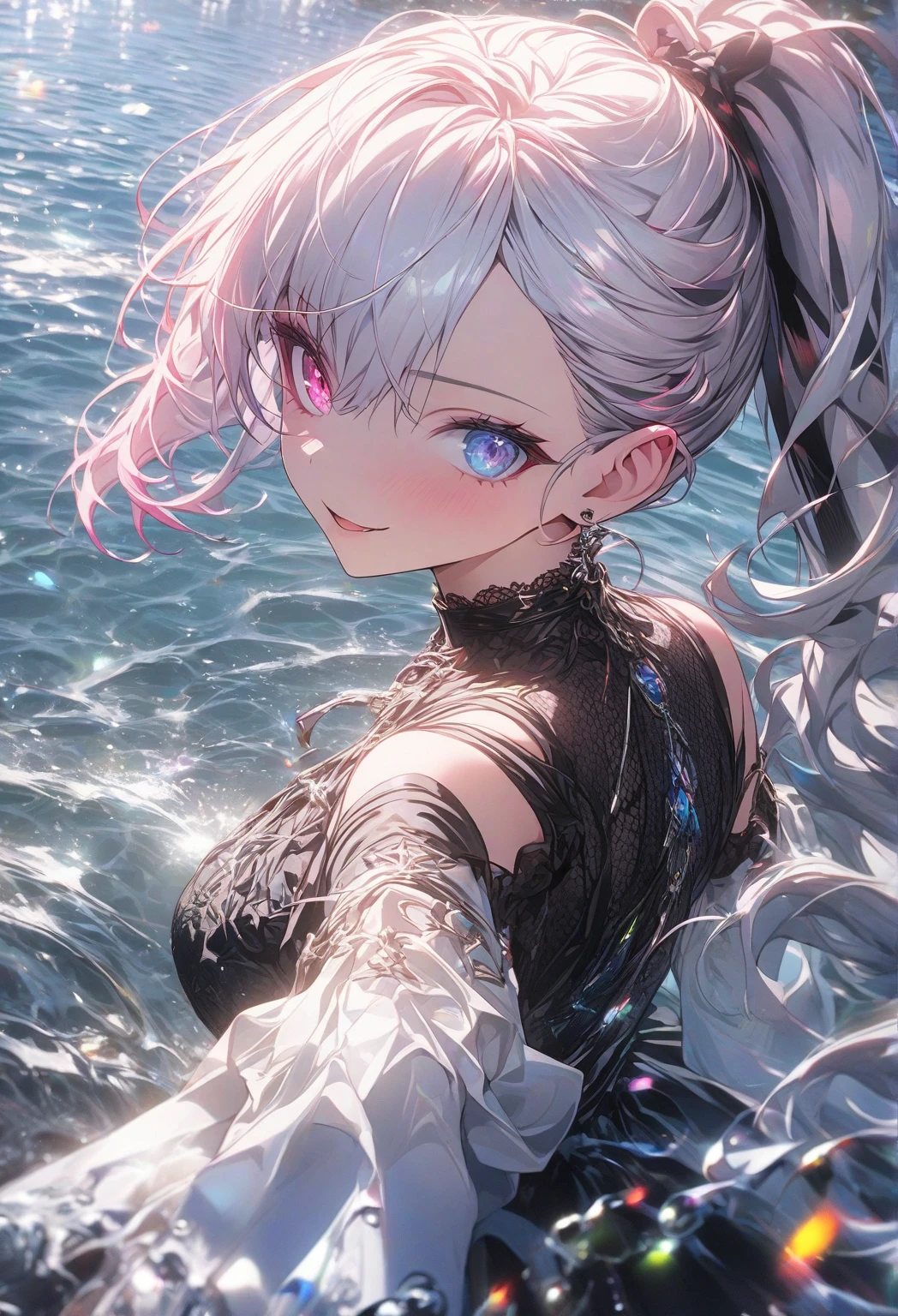 white hair, blue eyes, stick tongue out and cum in her mouth, face close up image