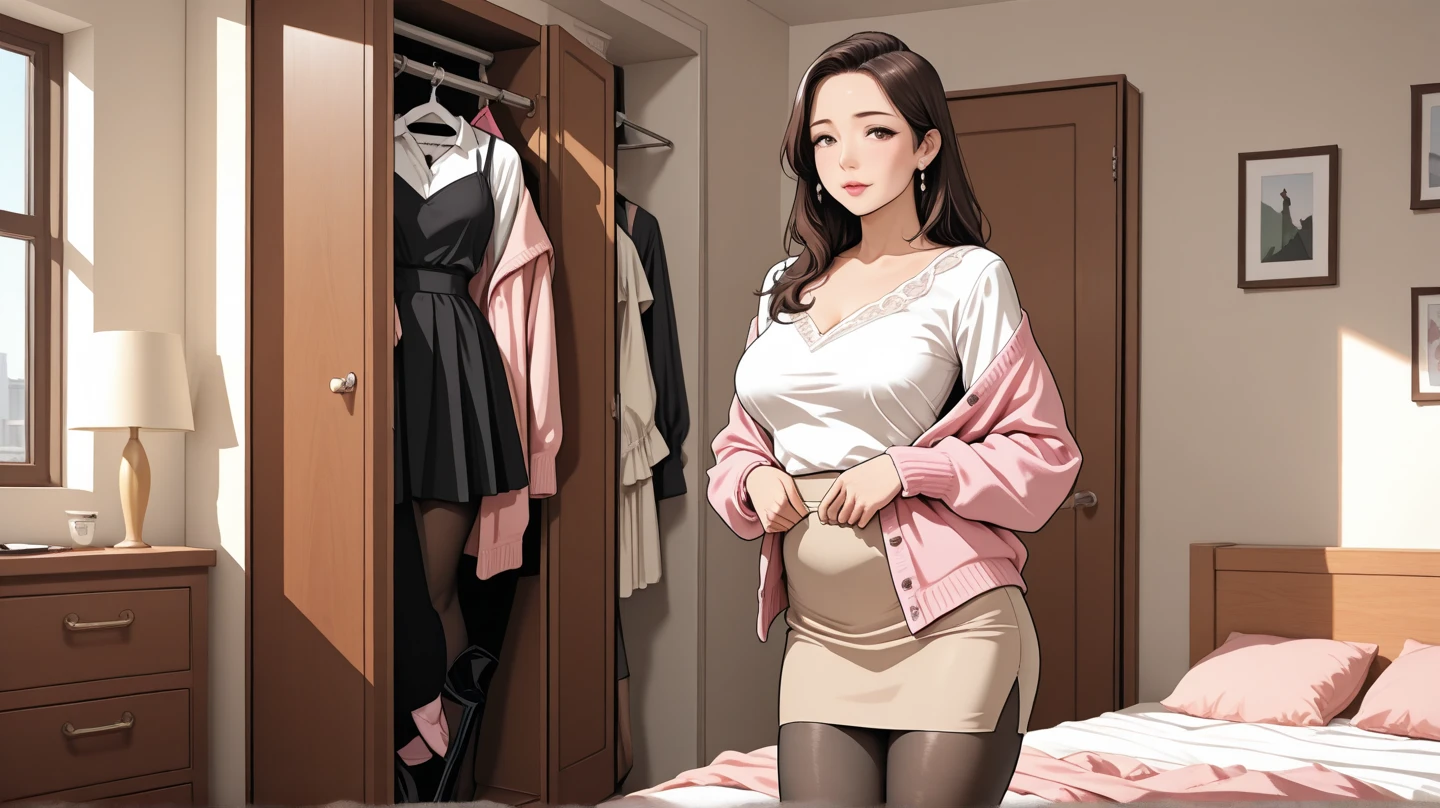 high quality, Perfect Dynamic Figures, afternoon, bedroom, ((loose hair)), A mature Korean woman wearing a pink cardigan standing in front of a closet is wearing stockings, ((pantyhose)), , white blouse, beige flared skirt,