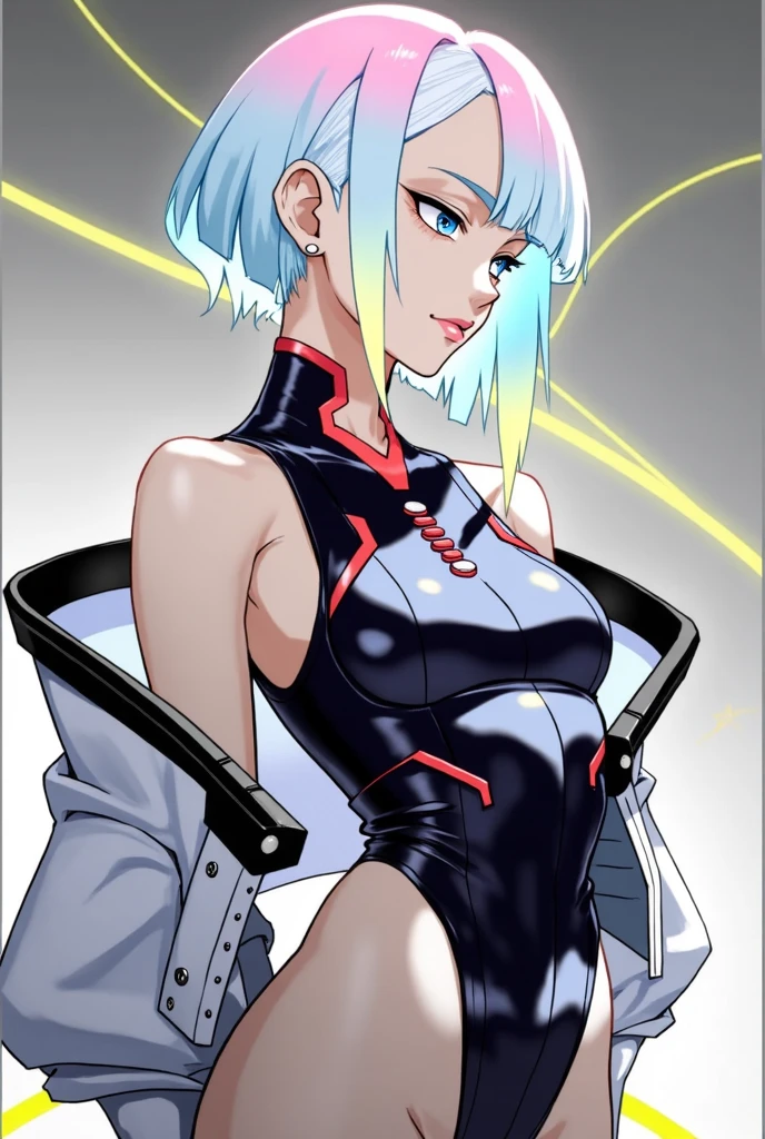 (((storm from X-men))), (((Afro American girl))), (((Mohawk white hair))), (((best qualityer))), (((perfectbody))), (((1girl))), Beautiful African American woman in cyberpunk jacket, (((glossy black skin))), (((fully body))), (((dental floss))), (((afro girl))), (((coxas nuas))), (((DuneWalker))), high collar, digitalpainting, Black, white and yellow, Digital illustration, extreme detail, digitl art, 4K, ultra HD. Your skin is deep, rich color and her hair is a white mohawk, ((best qualityer)), (((Bettie Page))), (((x-men outfit))), (((slim))), (Muscles), (((sexly))), ((Perfect masterpiece)), (detailded: 1.4), (absurdrez), (((Mohawk hair shaved on the sides))), (((full body fitness, neckline showing part of the breasts)), (((white hair woman, blushful))), 21 year old woman, beautiful sexy woman, heroine, wild with perfect corpo fitness, wearing little heroine clothes, tiny thong, clothes with cyberpunk graphic patterns, Halftone pattern and vertical stripes