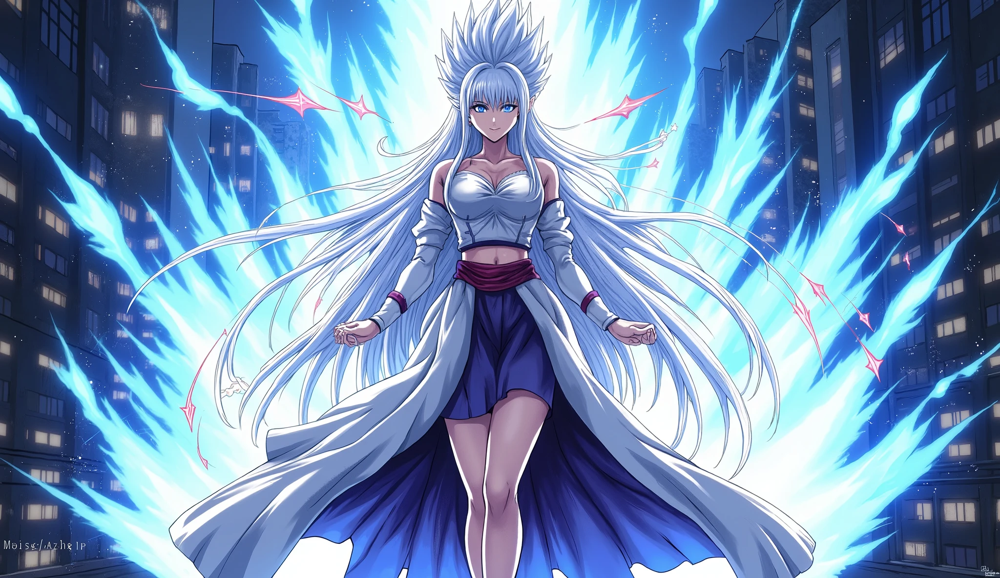 A powerful big-breasted warrior in full transformation from Super Saiyan 5, exuding an overwhelming energy. Her long, long silver hair flutters wildly, reflecting the intense glow of her blue eyes. Seu corpo, with feminine and delicate shapes, stands out under the electric and radiant aura that surrounds her, crackling with pure power. in the middle of a city , your presence is mesmerizing—your pose combines strength, delicacy and a sweeping beauty worthy of a true Saiyan warrior Yajin. anime style.