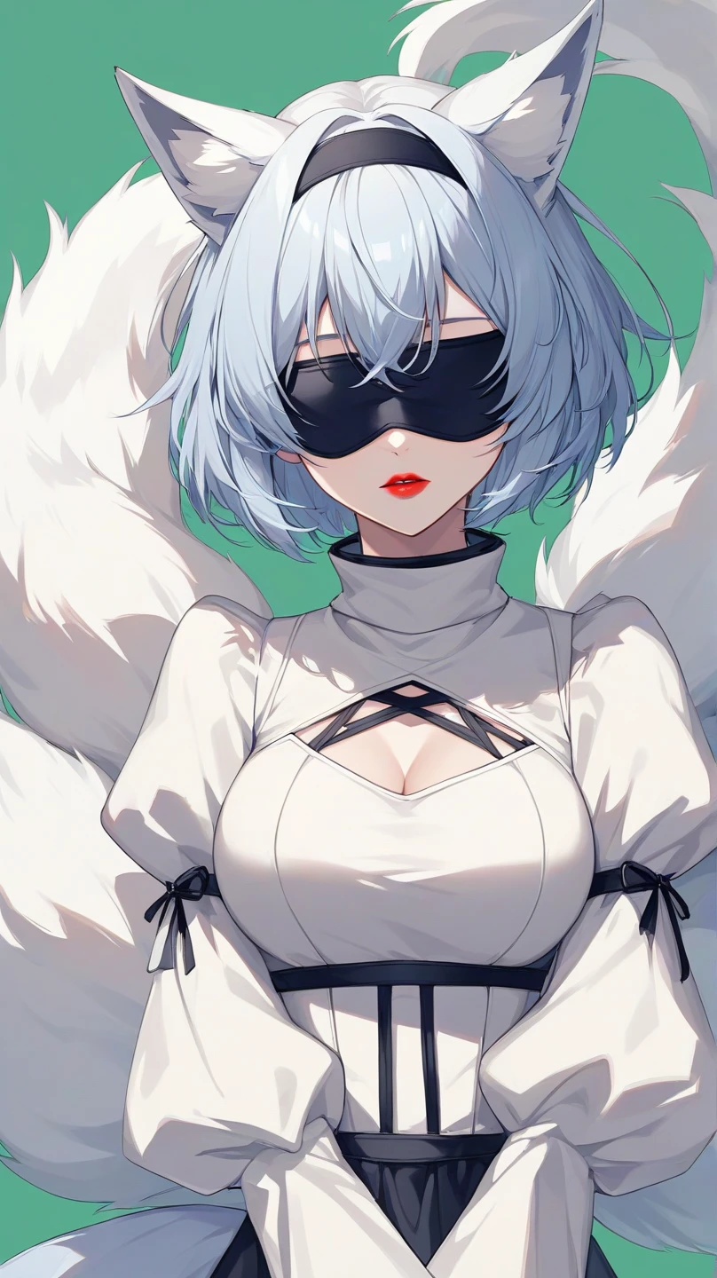 1girl, wlop, (blindfold), breasts, cleavage, cleavage cutout, dress cutout, green background, hair between eyes, headband, high resolution, juliet sleeves, long sleeves, nier (series), nier automata, fluffy sleeves, red lips, shadow face, short hair, solo, turtleneck sweater, upper body, l blue hair, sky, white fox ears, white fox tail, nine-tailed fox,