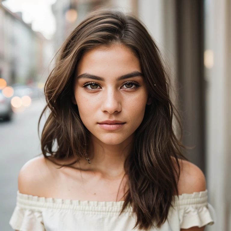 Draw a slender young woman with long, wavy dark brown hair flowing down to her shoulders. Her eyes are a bright light green, and her face is adorned with a radiant smile. Add a few freckles scattered across her face to give her a natural and authentic appearance. The woman has very light makeup. It's important to portray her as a big professional trader, as she works on Wall Street. Keep the background sharp and detailed to emphasize the work environment and add context to the scene