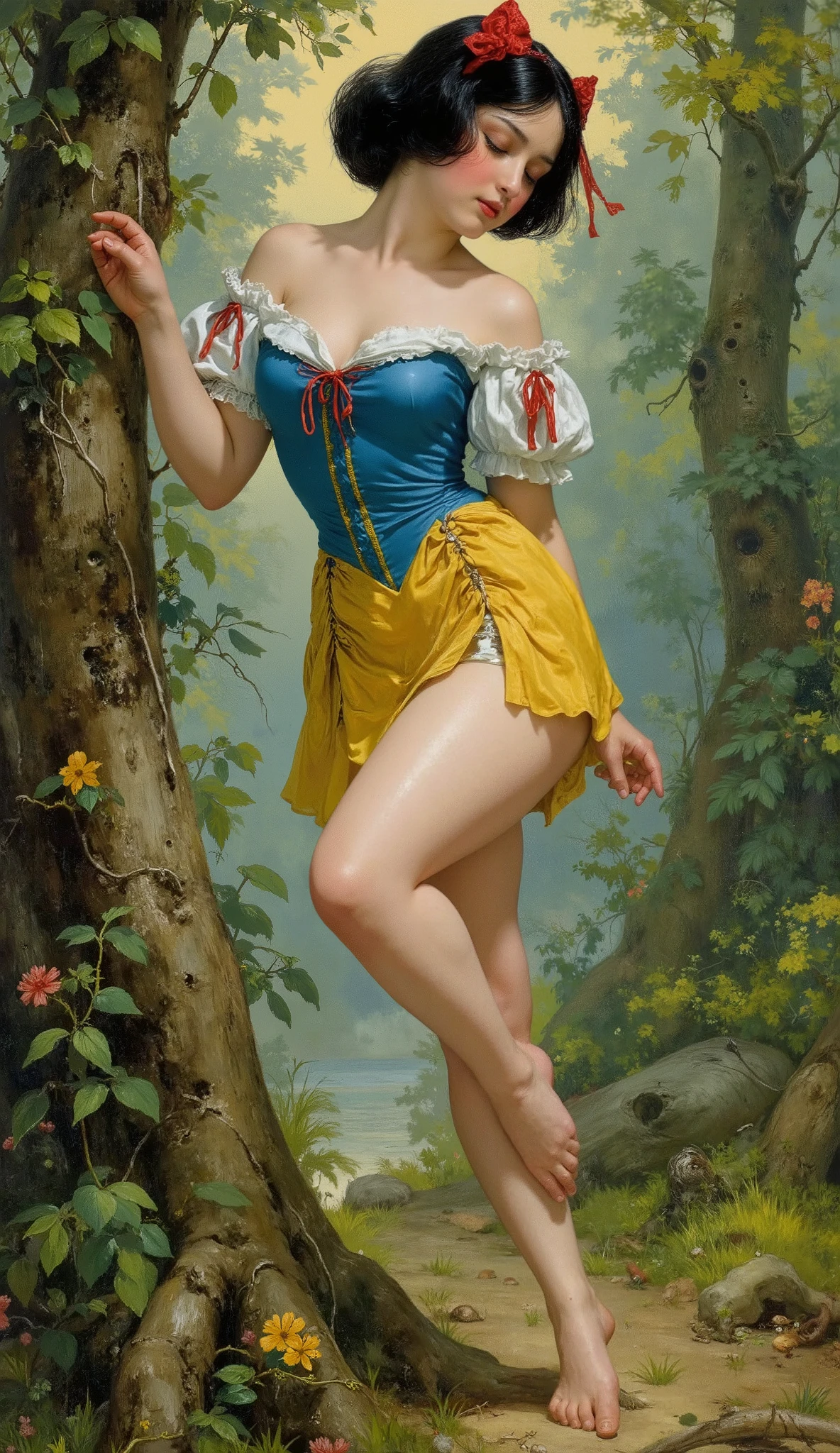 Spouse White Snow Himes、
((NSFW)),
19th Century style,
Full body,
Old photo,
1girl, 7guys,
Early summer in 19th century Switzerland、
Snow White's skin is white as snow、
She has black bob hair with red ribbons、
she wears a blue bodice and a yellow miniskirt、
Prostitute yourself against a goblin in the woods、Snow White has sex outdoors、