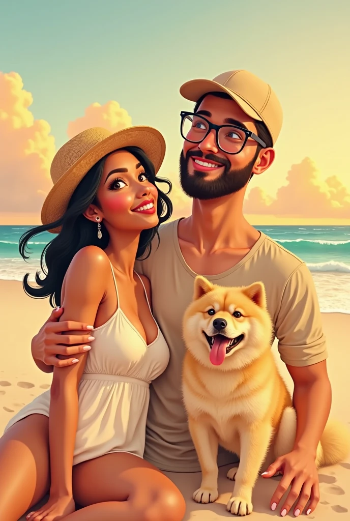 They are a couple. the boy wears glasses, Blue polo shirt and wide jeans with black sneakers, He has short hair. The girl wears a tight yellow and black plaid skirt, a short blue strappy blouse and black sandals. They are both thin. They are on the beach walking with their only white Shitzu dog with black spots., The puppy has one black ear and the other white ear..