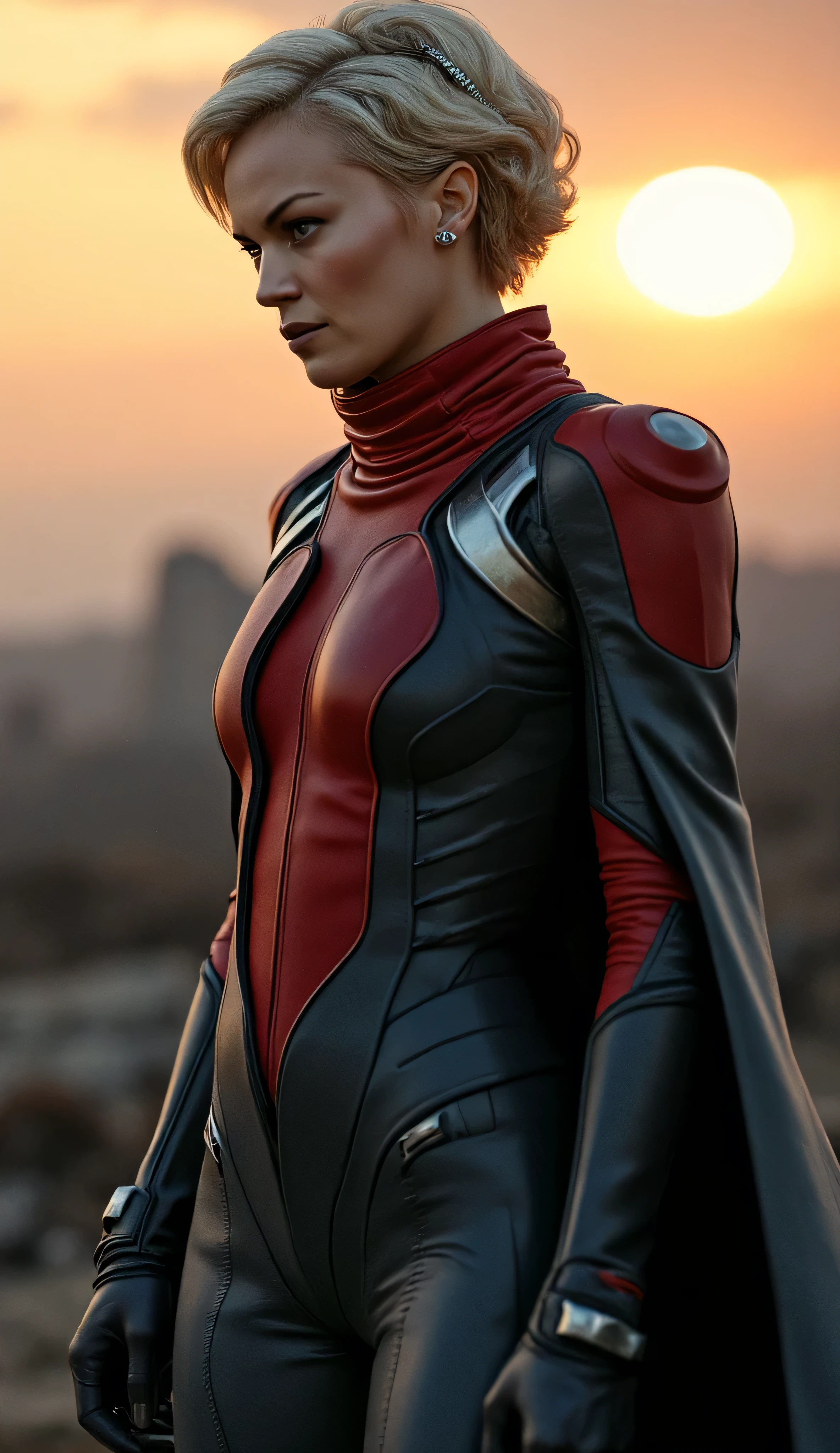 Britt Lower as Deande, powerful, elegant, futuristic, short wavy blonde hair, hair ornament, intense grey eyes, sharp facial markings, makeup, grey lipstick, sleek form-fitting dark grey and red high-tech uniform with armored details, exuding authority and confidence, outfit has an angular structured design, long coat-like extension, subtle sci-fi textures, sharp metallic accessory in her hair, stands against a dramatic sunset sky with distant futuristic ruins in the background, cinematic atmosphere, warm lighting casting soft highlights on her determined expression, semi-realistic art style, high detail, dynamic shading, bold futuristic aesthetic