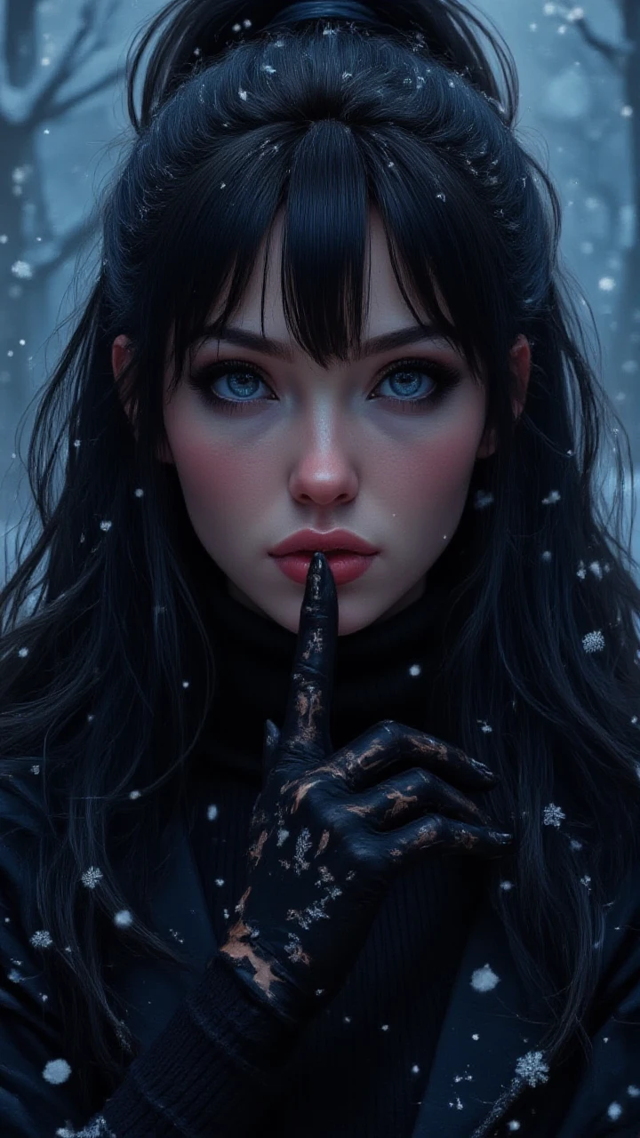 Woman with anime features , with the following characteristics:
Women's characteristics:
 * Cabelo: The woman has long black hair, with a straight fringe and a high ponytail. There are snowflakes visible in her hair, suggesting that she is in a snowy environment.
 * Olhos:  Your eyes are big and blue, a common trait in anime characters. The eyes are expressive and appear bright, with details that suggest light reflections.
 * Maquiagem: She wears bright red lipstick, that contrast strongly with her fair skin and black hair. The makeup highlights her lips and add a touch of color to the image.
 * Roupas: She wears a black turtleneck blouse, with snowflakes visible on the fabric. The black gloves also have snowflakes, indicating that she is in a cold and snowy environment.
 *  Expression: The woman has a serious and mysterious expression, with the index finger placed on her lips, as if asking for silence or holding a secret.
 Background and Ambient :
 * Neve: The background of the image shows snow falling, with snowflakes visible throughout the scene. This suggests that the woman is in a snowy environment or that the scene is a representation of a winter environment.
 * lighting: Image lighting is soft and diffuse, creating a mysterious and ethereal atmosphere. The light seems to come from above, illuminating the woman's face and highlighting the snowflakes.
 Style and Presentation :
 *  anime traits: The image has an art style that recalls anime or manga, with large and expressive eyes, stylized hair and delicate facial features.
 *  Filters and Effects : The image may have been created or edited with filters and effects to give a more artistic and stylized appearance.
 * COMPOSITION: The composition of the image focuses on the woman's face, with a close-up that highlights her features and expression.
 Overall impression :
 * The image conveys a sense of mystery and intrigue, with the woman's serious expression and her finger on her lips.
 