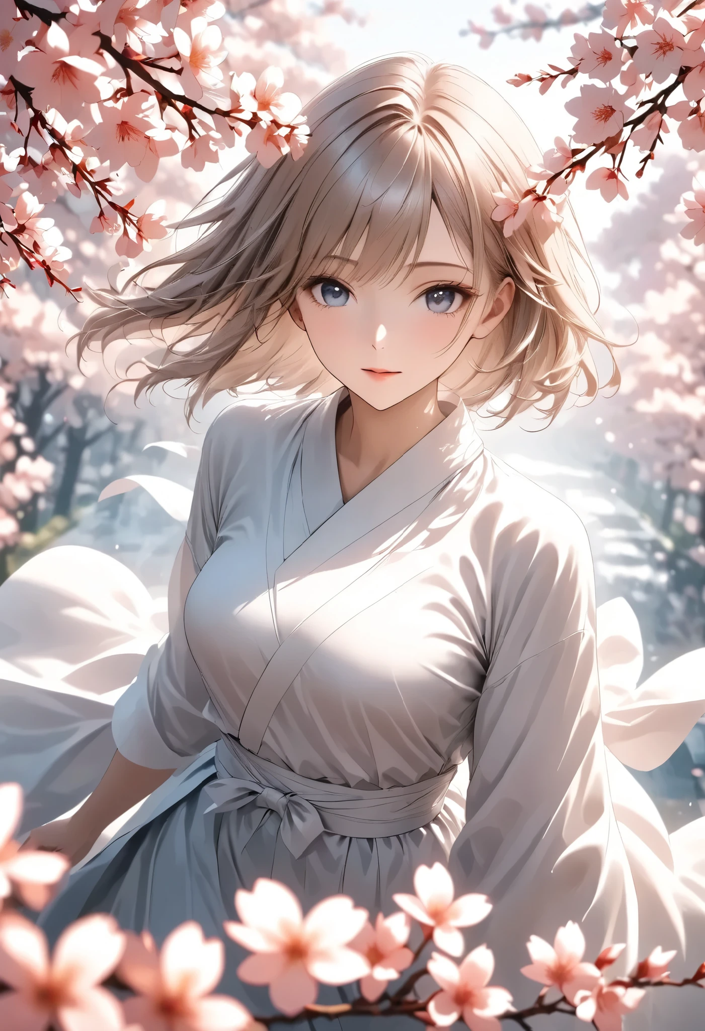 ((real photo, RAW photo), Goddess of Cherry Blossoms ,from above,  Exquisite Portrait of a Woman Surrounded by Natural Light,Graceful Woman Smiling with Cherry Blossom Branches,Wrapped Pink Petals,Elegant Hairstyle,Delicate Expression,Wrapped,Surrounded by natural light ,beautiful landscape background,top quality,realistic,4K Rendering,high resolution,Bokeh,fine details,bright colors), 