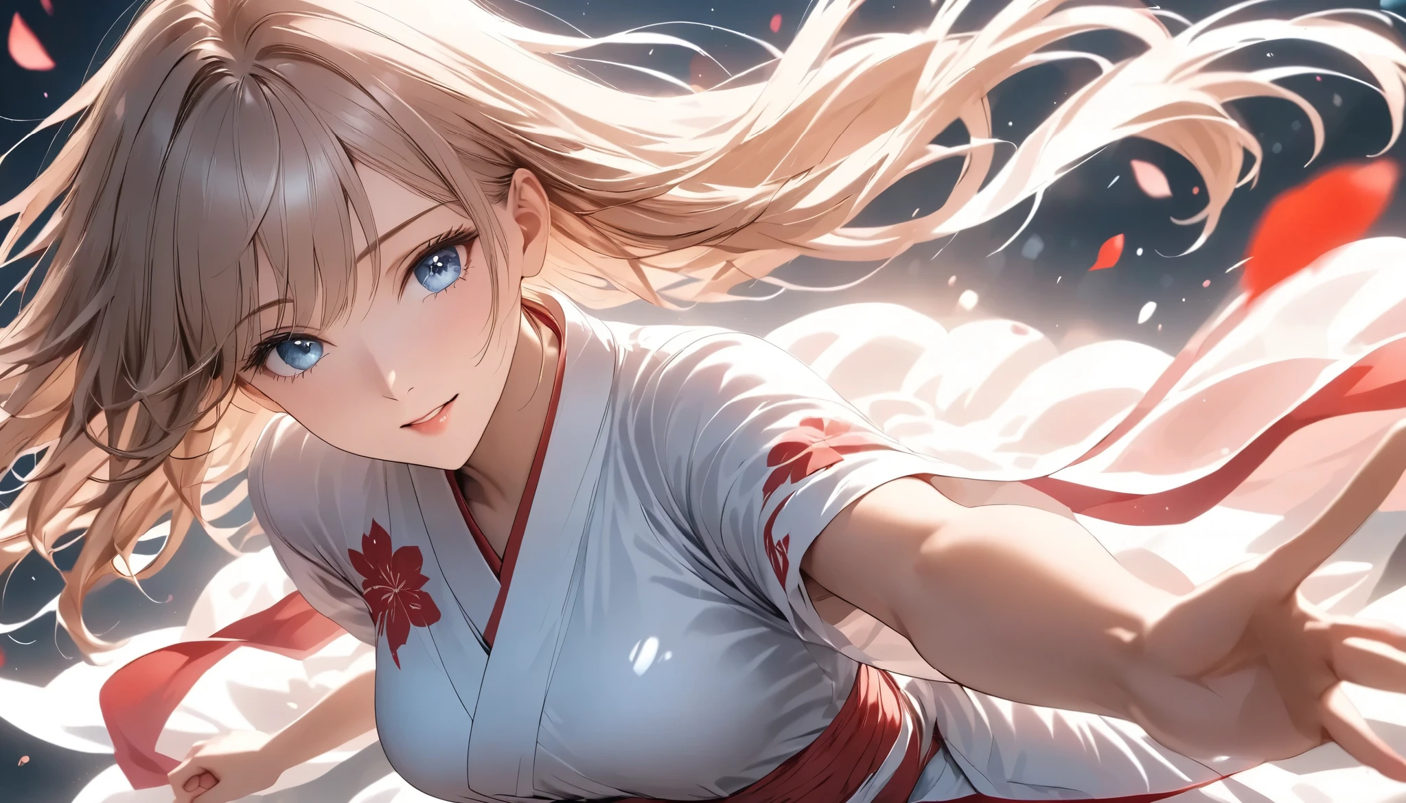 ((real photo, RAW photo), Goddess of Cherry Blossoms ,from above,  Exquisite Portrait of a Woman Surrounded by Natural Light,Graceful Woman Smiling with Cherry Blossom Branches,Wrapped Pink Petals,Elegant Hairstyle,Delicate Expression,Wrapped,Surrounded by natural light ,beautiful landscape background,top quality,realistic,4K Rendering,high resolution,Bokeh,fine details,bright colors), 