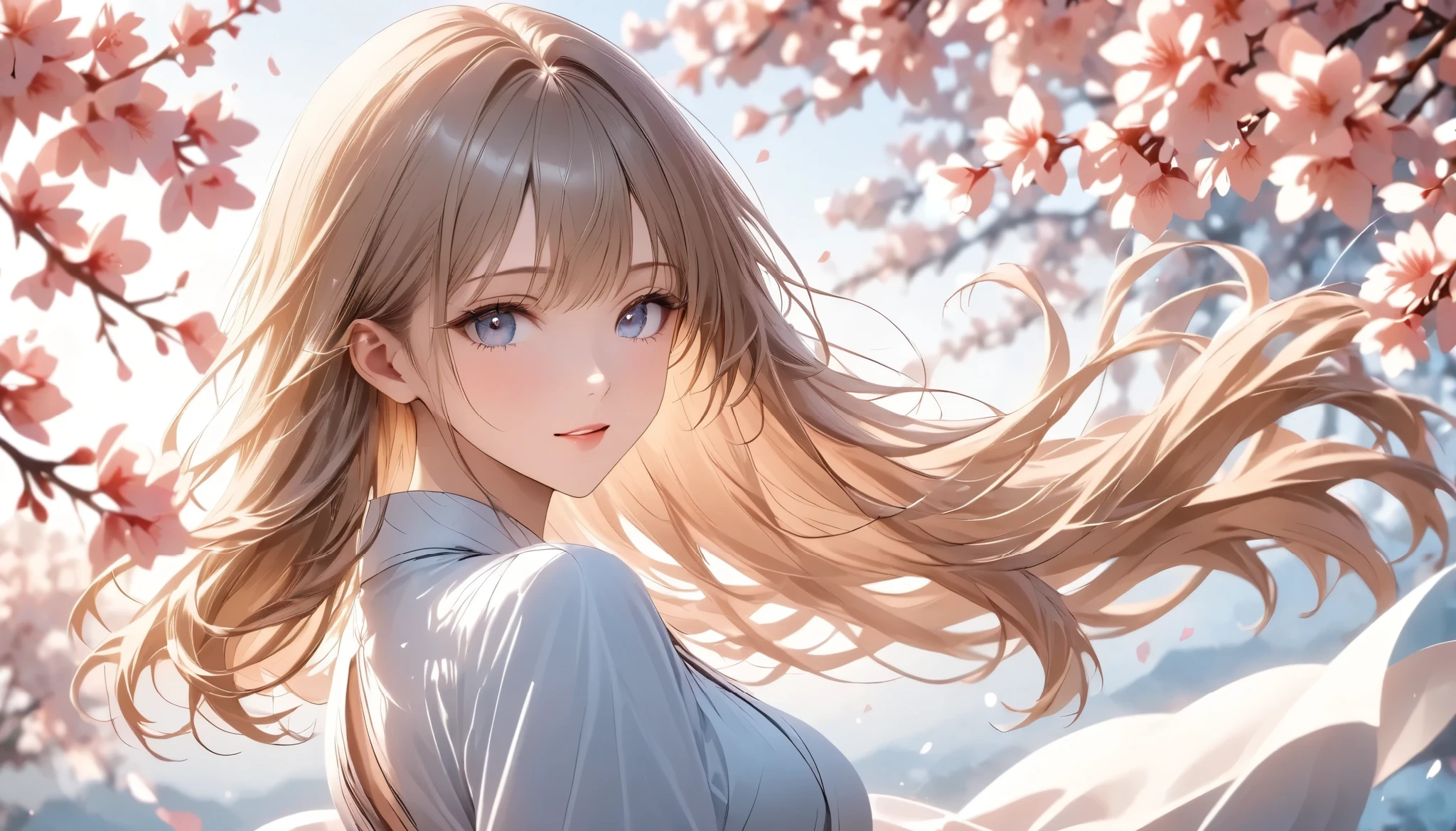 ((real photo, RAW photo), Goddess of Cherry Blossoms ,from above,  Exquisite Portrait of a Woman Surrounded by Natural Light,Graceful Woman Smiling with Cherry Blossom Branches,Wrapped Pink Petals,Elegant Hairstyle,Delicate Expression,Wrapped,Surrounded by natural light ,beautiful landscape background,top quality,realistic,4K Rendering,high resolution,Bokeh,fine details,bright colors), 