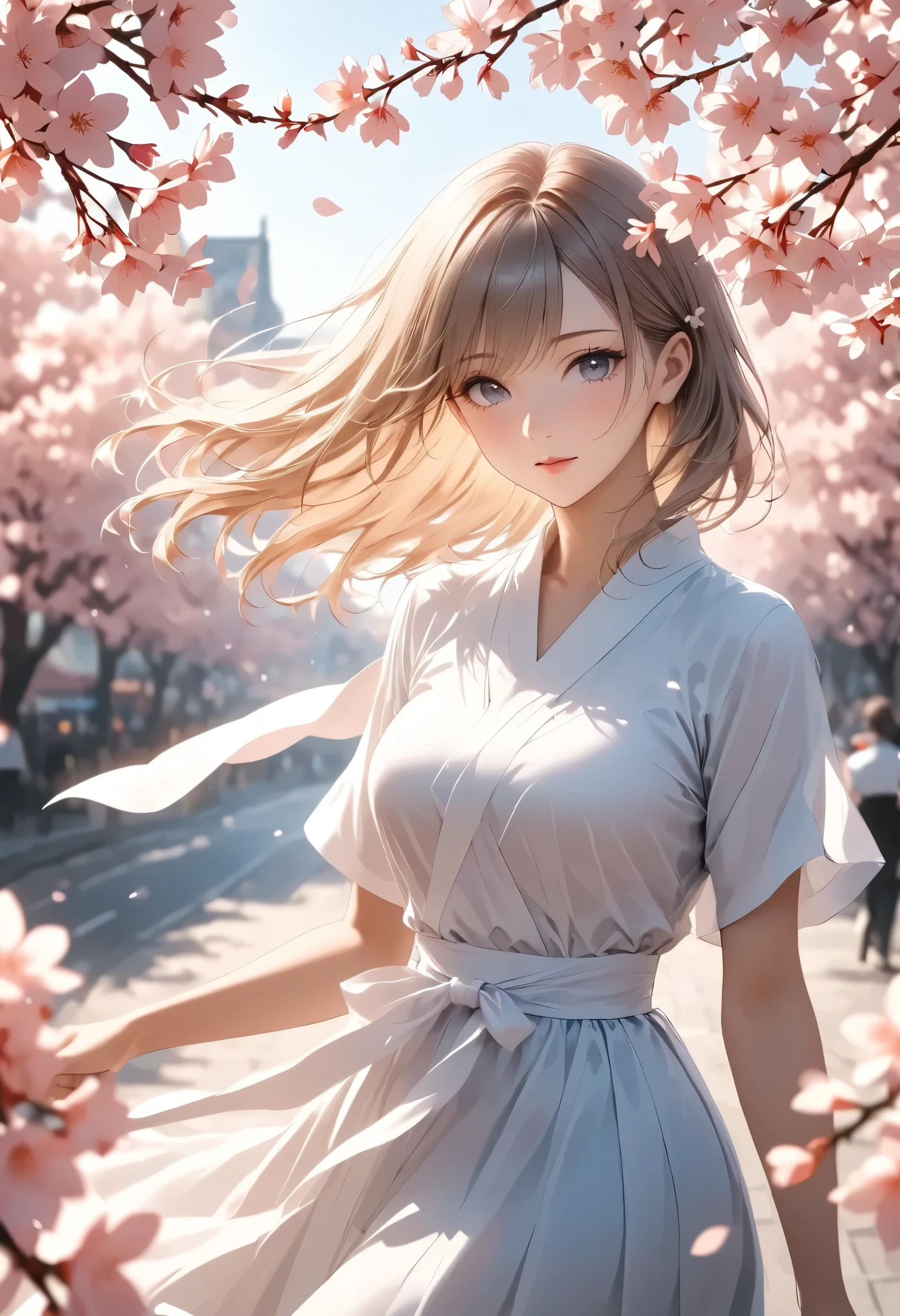 ((real photo, RAW photo), Goddess of Cherry Blossoms ,from above,  Exquisite Portrait of a Woman Surrounded by Natural Light,Graceful Woman Smiling with Cherry Blossom Branches,Wrapped Pink Petals,Elegant Hairstyle,Delicate Expression,Wrapped,Surrounded by natural light ,beautiful landscape background,top quality,realistic,4K Rendering,high resolution,Bokeh,fine details,bright colors), 