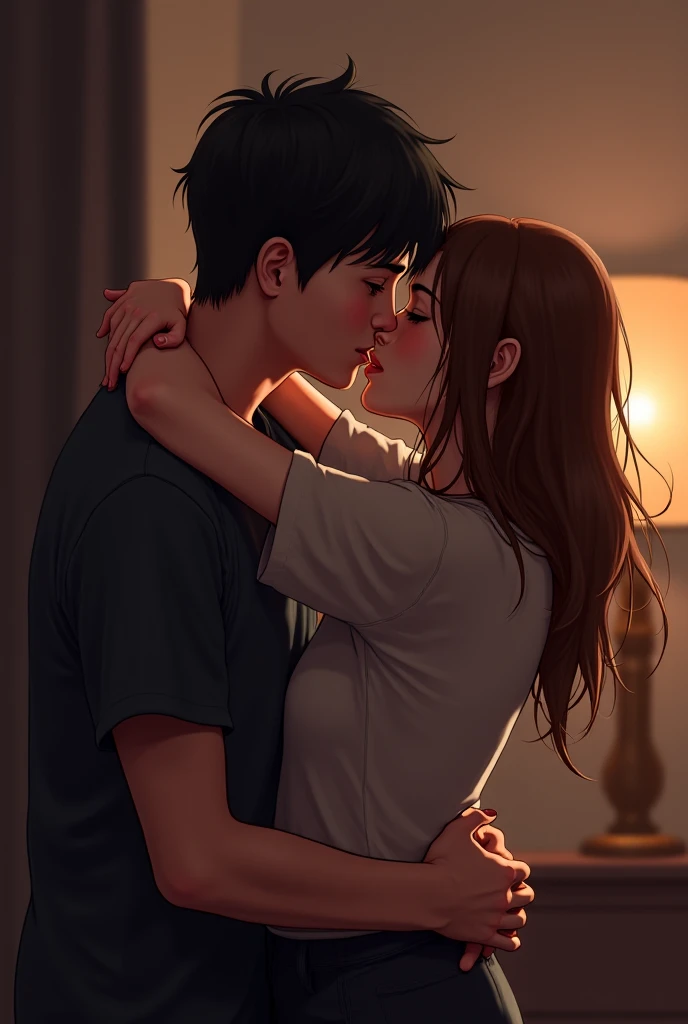Young sexy girl wearing a red dress sitting on lap of young boy wearing a red and black flannel shirt and jeans who is sitting on a chair, kissing, making out, passionately, dim lighting, sexy, hot, lustful