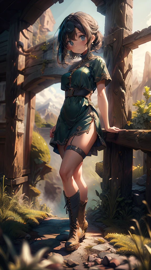 This image represents a beautiful scene from the fantasy world. It is during the day or early afternoon and the atmosphere is calm and great. In the foreground a female character appears sitting with her back to the viewer. She has long red braided hair and wears a plaid miniskirt with stockings and a tank top, very sexy, rope belt. In the background, we see a magnificent city built on a steep mountain or island. The city's architecture is reminiscent of the Middle Ages and the Renaissance, characterized by tall spiers and dense buildings and futuristic elements. High above the city, there are buildings that look like castles and palaces that rise above the rest. Below the city, there are lush green fields and scattered small buildings, which may be farms or towns. The landscape is lush and green with trees surrounding the settlements. Several ships are anchored at the foot of the mountains and islands, suggesting that the city is an important port city. The sky is light blue with very few clouds, indicating that it is daytime or early afternoon. The overall atmosphere is calm and grand, suggesting stories of adventure, exploration, or political intrigue in this fantasy world (art inspired by Bill Sienkiewicz). oil painting)