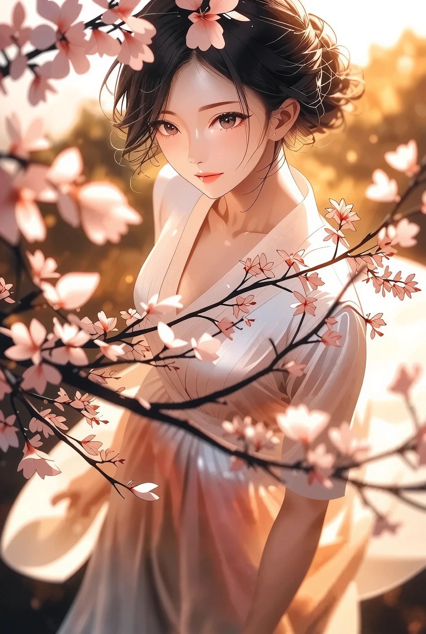 ((real photo, RAW photo), Goddess of Cherry Blossoms ,from above,  Exquisite Portrait of a Woman Surrounded by Natural Light,Graceful Woman Smiling with Cherry Blossom Branches,Wrapped Pink Petals,Elegant Hairstyle,Delicate Expression,Wrapped,Surrounded by natural light ,beautiful landscape background,top quality,realistic,4K Rendering,high resolution,Bokeh,fine details,bright colors), 