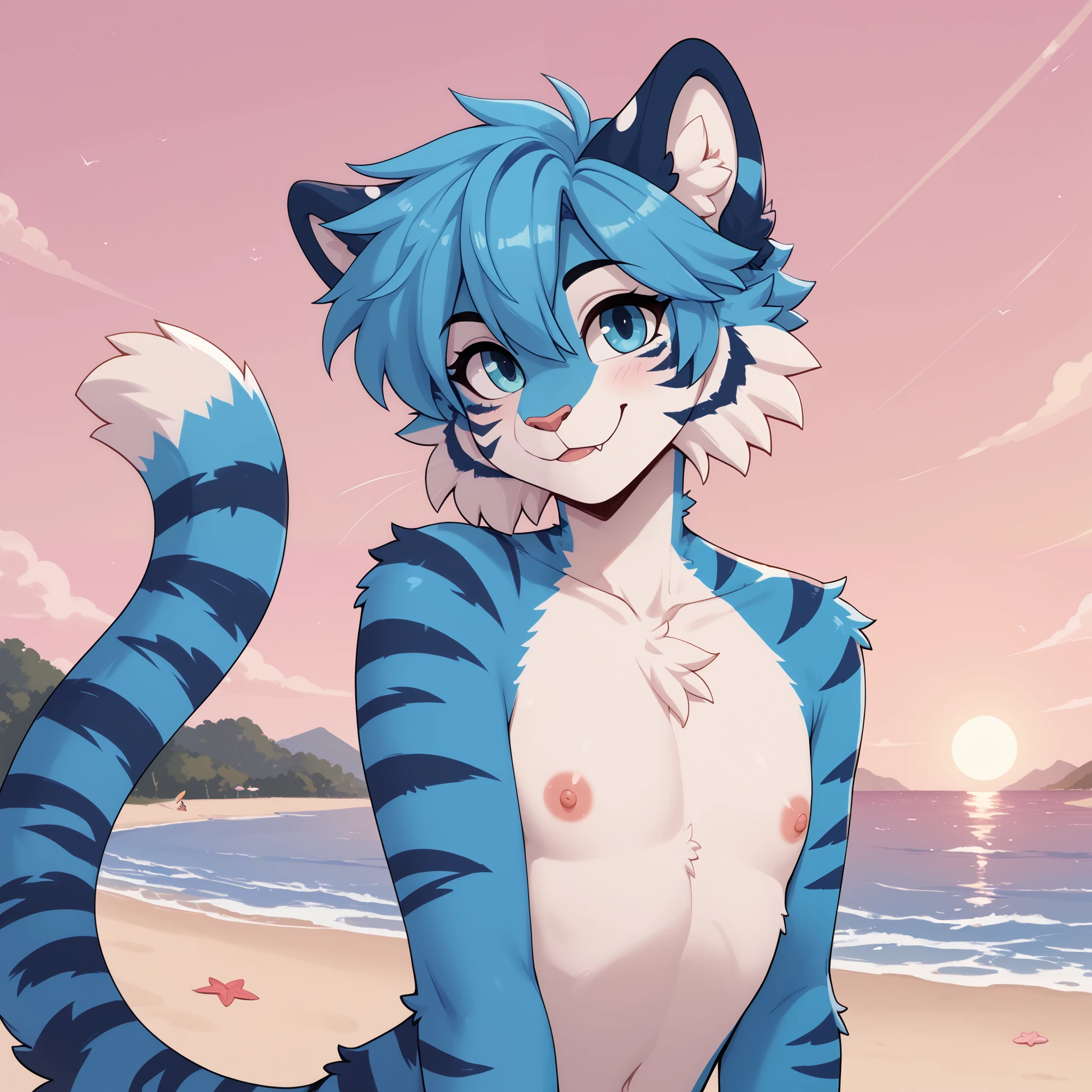 (Masterpiece) (High Detail) (High Res) A close up of A slim, curvy and cute tiger Male with blue fur and fluffy blue tiger patterned fur and bright blue eyes and curvy effeminate shape and a thick fluffy stripy tiger tail and a flat chest. Bright Blue Fur. Topless. He is outside on the beach. Evening. Pink sky. Sunset. Cinematic lighting