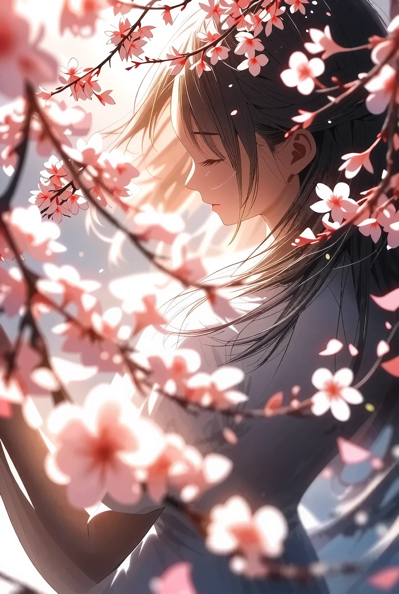 ((real photo, RAW photo), Goddess of Cherry Blossoms ,from above,  Exquisite Portrait of a Woman Surrounded by Natural Light,Graceful Woman Smiling with Cherry Blossom Branches,Wrapped Pink Petals,Elegant Hairstyle,Delicate Expression,Wrapped,Surrounded by natural light ,beautiful landscape background,top quality,realistic,4K Rendering,high resolution,Bokeh,fine details,bright colors), 