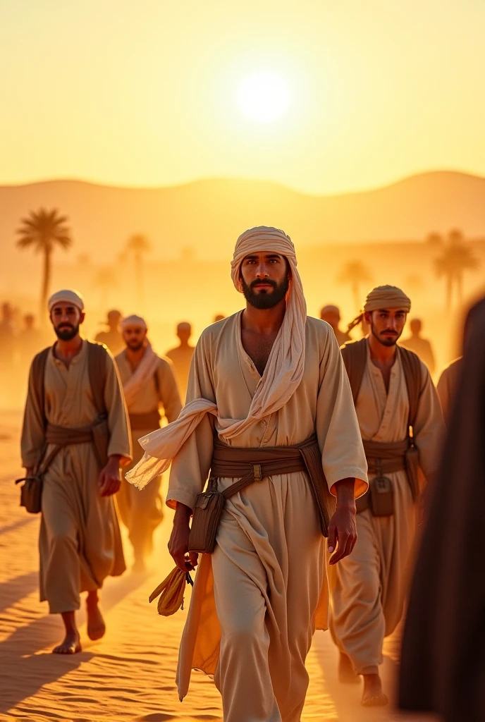Many people are walking in a row across the Arabian desert. They are accompanied by a few women. Behind them all stands an old woman carrying a heavy bag.
The position of the old woman will dominate the scene.
They were wearing Arabic clothes.
The sun has risen in the eastern sky and a chill is flying in the sky.
They had different putlis on their heads and hands. Some camels were with them.