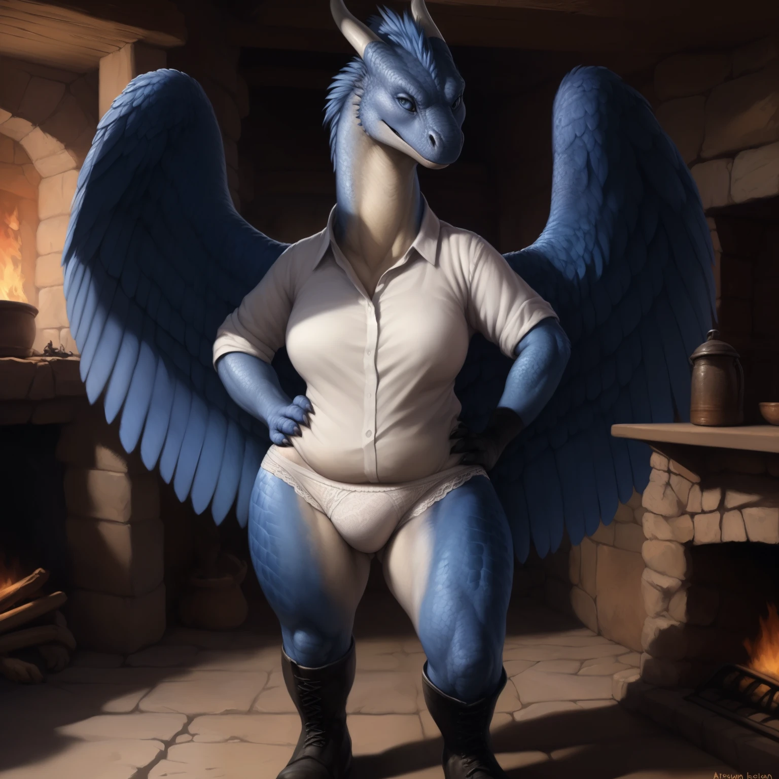 front view, close up view, third person view, a beautiful and detailed portrait of a female anthro dragon, saphira_eragon, movie, photo realistic, no human, ((blue hair, blue scales, detailed eyes, feathered wings)), tail, kenket, Ross Tran,ruan jia, trending on artstation,foxovh, cenematic lighting, curvy_figure, vip, , mature, shrink, full body, looking at viewer., wide hips, smile, big , big , big , big , (((long white shirt, white lace panties, black gloves, black boots, arms on hips, leg, visible ankle)), front view, front shot, standing, body movement, fire place, old dungeon,