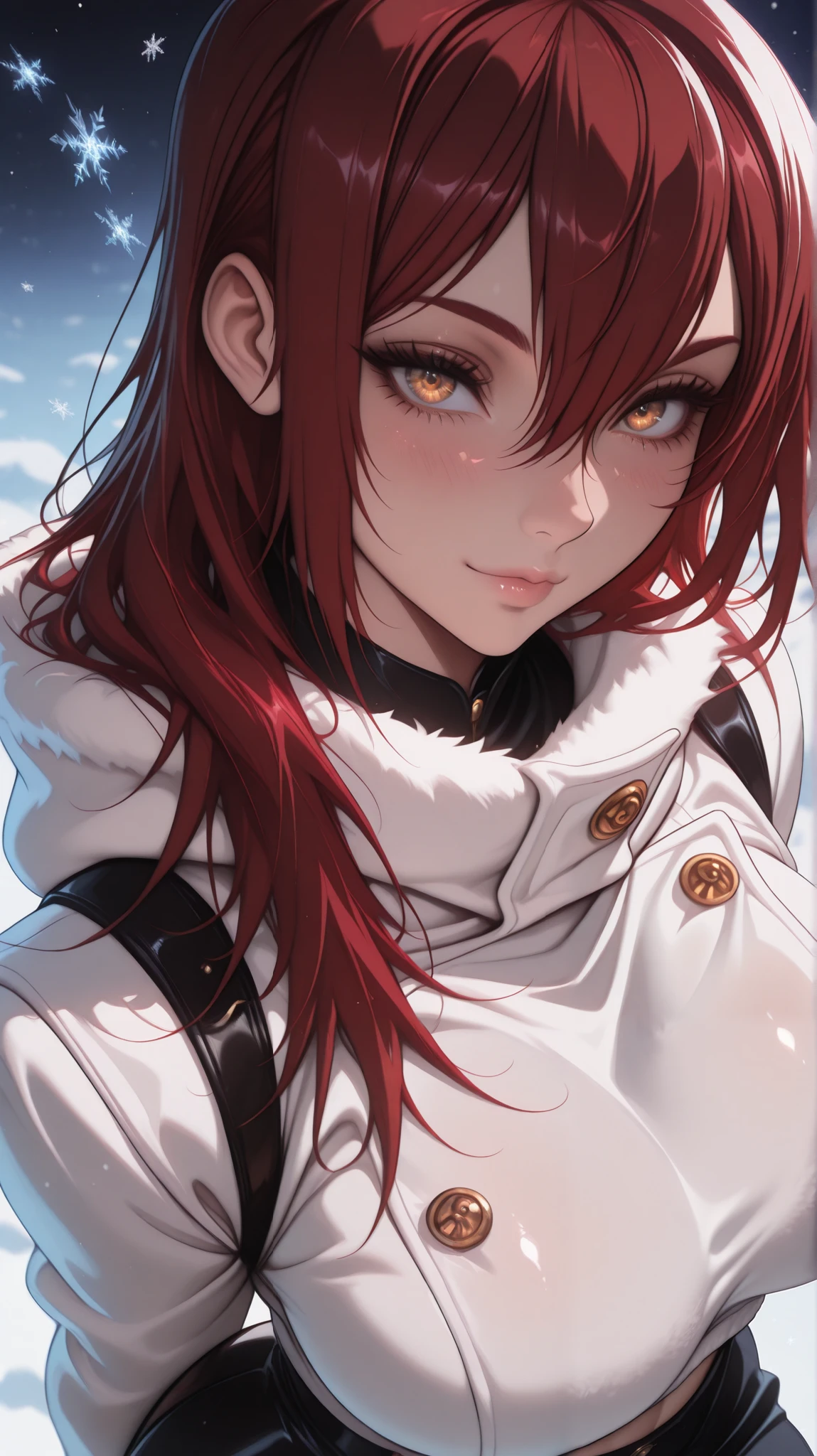 (TangoBat:0.7),(Sakimichan:0.7), 1 woman , adult , Jujutsu Kaisen , golden eyes , long hair , (red hair) , (medium breasts:0 . 8) , petite , very cute , beautiful , solo , a soft, fluffy white winter jacket with hood, set against a light-blue background scattered with snowflakes, and showing a pastel, dreamy color palette, using bold line art and gradient shading, recreating the visual aesthetic of the original picture ,masterpiece, best quality,absurdres