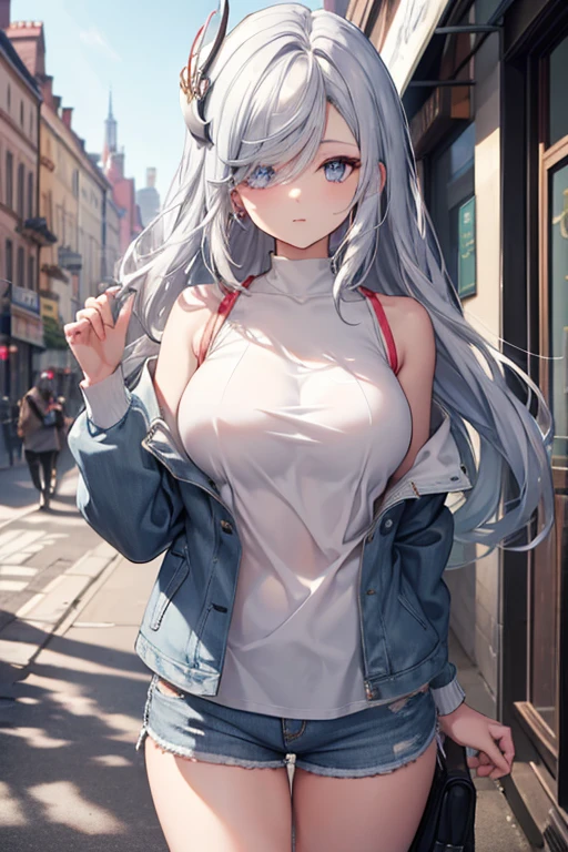 ShenheV4, (Shenhe wearing denim jacket), white top, denim shorts, (solo:1.1), (mature woman:1.2), beautiful face, (detailed eyes), symmetric eyes, (thin lips), (long hair, grey hair, braid, hair over one eye, hair ornament), (beautiful round breasts), voluptuous body, abs, bare belly, slim waist, (masterpiece, best qualty), soft ambient lighting, standing, front view, city street background, road, buildings, vivid colors, sunny day, blue sky, looking at the viewer, slim waist, HD, 8K, vivid colors, intricate, (absurdres:1.2), bokeh, blurry_background,
sharp focus, ((detailed face)), facial details, (pov thighs)