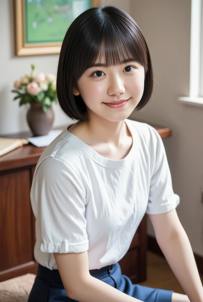 hight resolution、high-level image quality、in 8K、Real live-action、Raw photography、top-quality、​masterpiece、超A high resolution、Raw photo、ren、Beautiful fece、masutepiece、((Obscene content))、For adults、charm of 、absurderes、((((Japan elementary school students))))、Japan Girl、((8years old))、((with round face))、((Tanuki face))、((Cute little face))、(((((Shy laughter)))))、de pele branca、((chubby figure))、Juvenile physique、Smaller chest、kne、 thighs thighs thighs thighs、独奏、fullllbody、Very nice、(((Children's Clothing:1.0) ))、 ((Pubic area))、(Mansuji)、((White panty))、Are sleeping、（Photorealsitic：1.37）、Photon mapping、Realistic、Radio City、Physically Based Rendering、depth of field rally background、a picture、(((a junior idol in Japan)))、Sparkling eyes、shiny lip、too bright natural light、The Bright Sun、Too bright sunlight、(((((8years old)))))、(((Pubic area)))、(Mansuji)、Children's Clothing,　Children's Clothing、、Open your legs、Open your crotch、Only one person,Short hairstyles、Short-cut hair、(inside in room)、((white tank tops、Children's Clothing)),tshirts