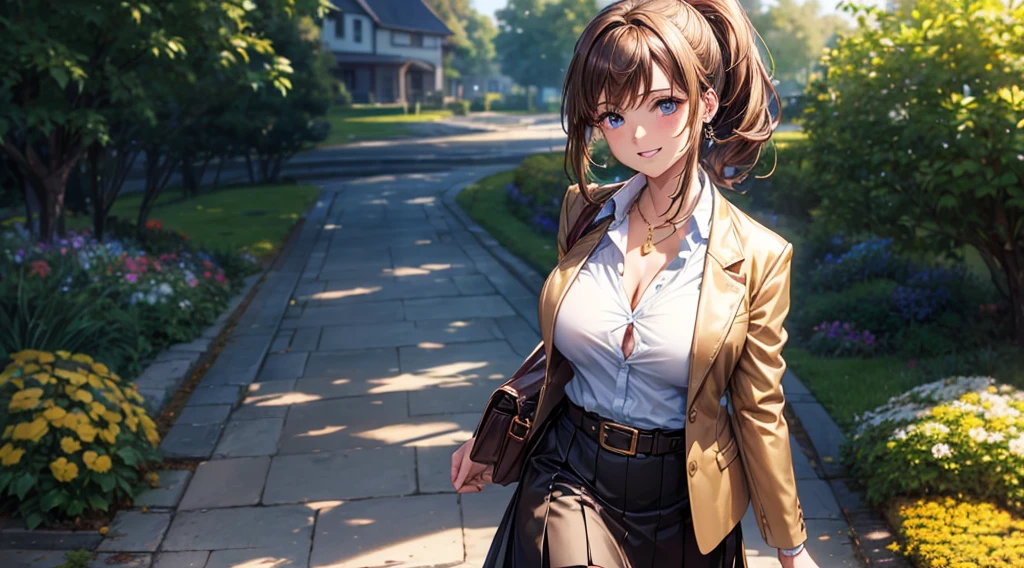 1girl, full body, solo, summer, village, trees, sun, clouds, ((brown hair)), ponytail, large breasts, ((black blazer)), button down shirt, ((white shirt)), ((short sleeved shirt)), ((unbuttoned shirt)), unbuttoning buttons, cleavage 1:3, brown eyes, skirt, smile, looking at the viewer, standing, hair ribbon, golden necklate, shoulder bag