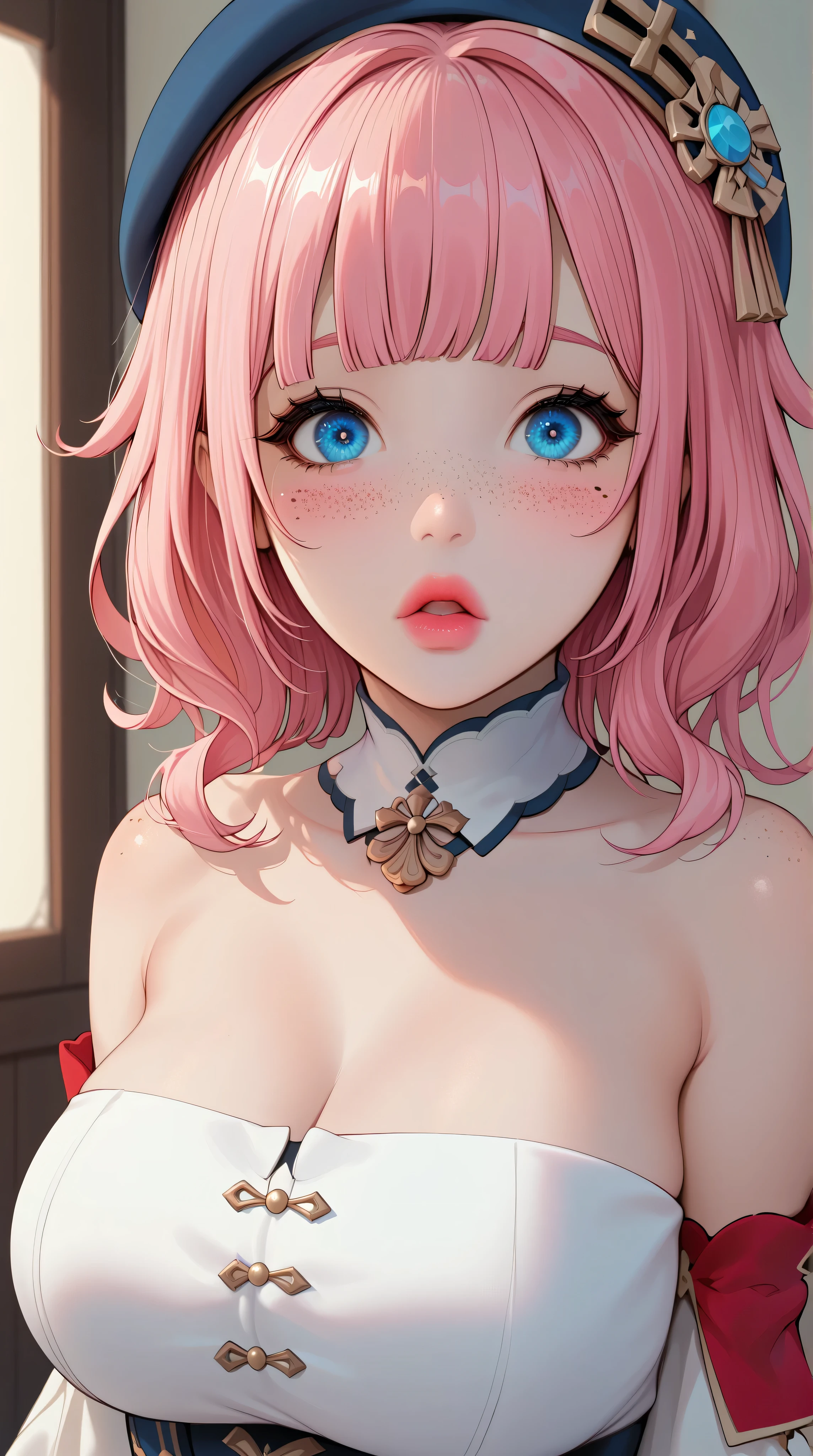 (masterpiece, highres, high resolution:1.2), anime 20 yo girl, Charlotte from Genshin Impact, beret, pink hair, blue eyes, portrait, shoulders up, illustration. drawn, blushing, solo, surprised, freckles, big lips, huge breasts, perfect body, wearing a tube top, no hands.