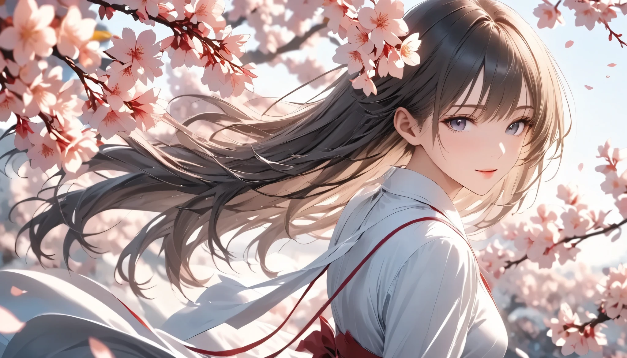 ((real photo, RAW photo), Goddess of Cherry Blossoms ,from above,  Exquisite Portrait of a Woman Surrounded by Natural Light,Graceful Woman Smiling with Cherry Blossom Branches,Wrapped Pink Petals,Elegant Hairstyle,Delicate Expression,Wrapped,Surrounded by natural light ,beautiful landscape background,top quality,realistic,4K Rendering,high resolution,Bokeh,fine details,bright colors), 