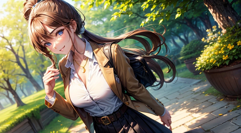 1girl, full body, solo, summer, village, trees, sun, clouds, ((brown hair)), ponytail, large breasts, ((black blazer)), button down shirt, ((white shirt)), ((short sleeved shirt)), ((unbuttoned shirt)), unbuttoning buttons, cleavage 1:3, brown eyes, skirt, smile, looking at the viewer, standing, hair ribbon, golden necklate, shoulder bag