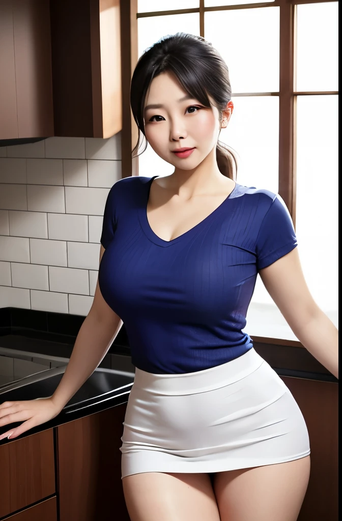 Beautifull, mother-in-law, japanese, tshirt knit v-neck, sexual expression, in the kitchen, voluptuous, high waist floral skirt