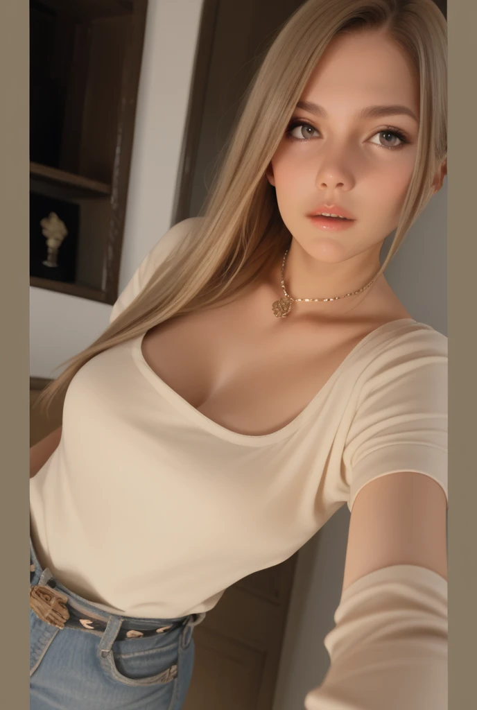 One Girl, Age 15 age, alone, Long Hair, instagram model, skinny, View your viewers, Blonde hair, Bare shoulders, huge natural breast, dark makeup, posing, whole body image, Blue eyes, gem, necklace, wearing a blue button shirt, Realistic, curvy, Sexy, cute face, ultra detailed