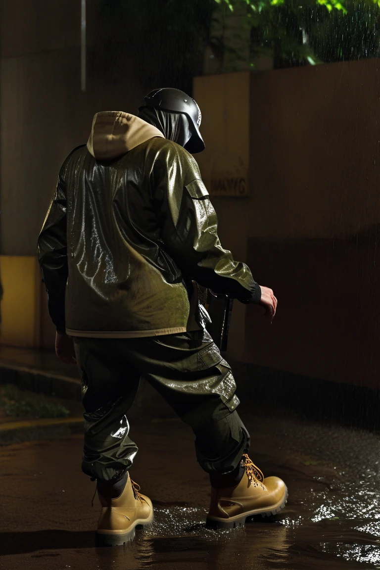 (a dark-skinned bearded chubby  old man in orange zipper pilot suit), wearing rescue gear, wearing black rubber gloves, running, shooting with a gun, imposing physique, muscular, toned muscles, Basuki Abdullah, sumatraism, action, a character portrait, heroic, fierce, shouting, intense