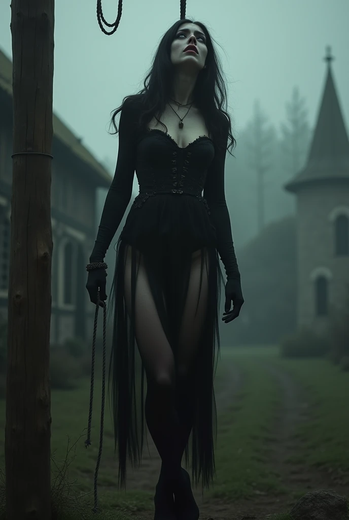 Cinematic, Vampire slayers, walks in an Gothic cemetery at night wearing a gothic dress, fog and rainy condition, ghostly atmosphere, 1800s, (high skin detail: 1.2), ultra-detailed, photo-realistic, depth of field, cinematic lighting, IMAX camera, HDR, DTM, Full HD, 8k