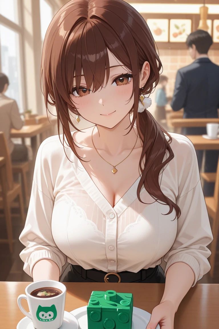 ((masutepiece, Best Quality, hight resolution, nffsw, Perfect Pixel, depth of fields, 4K, nffsw, nffsw)), 1girl in, Single, Solo, Beautiful Art Style, ((Long hair, Brown hair)), (Eyes are brown:1.4, rounded eyes, Beautiful eyelashes, Realistic eyes), (Detailed face, Blushing:1.2), (Smooth texture:0.75, Realistic texture:0.65, Photorealistic:1.2, Anime CG style), medium breasts, cleavage of the breast, (Dynamic Angle, Dynamic Pose:1.4, looking to viewer), Perfect body, Thin leg、((White sweater, Long sleeve, plaid skirts, Stockings)), Smile, Open mouth, (Leaning forward), (hands behind back), amusement park, a necklace, Rounded earrings、during a meal、sit a chair