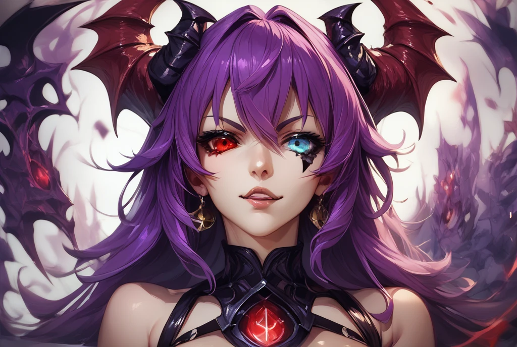 A female milf demon with black demon horn, ((demon horn)), cabelo de rapunzel cor-de-rosa extremamente longo, ((Cabelo de rapunzel cor-de-rosa)), White eyes of the demon, ((olhos brancos)), corpo volumoso com seios e busto enormes, ((seio e busto enormes)), roupa preta, Purple fog with purple energy particles and Floor with a red liquid, olhar perverso e vazio, sem brilho nos olhos, com um perverso, smile looking at the viewer in panoramic view;, Moda realista, sysie high definition details, fotografia, perspicacity, unique 850 4, Koda850 k portrait camera, Primavera F1.6, cores ricas, Textura super realista, textura de luz espetacular, arte surreal, Cinestil 800 mecanismo de moda