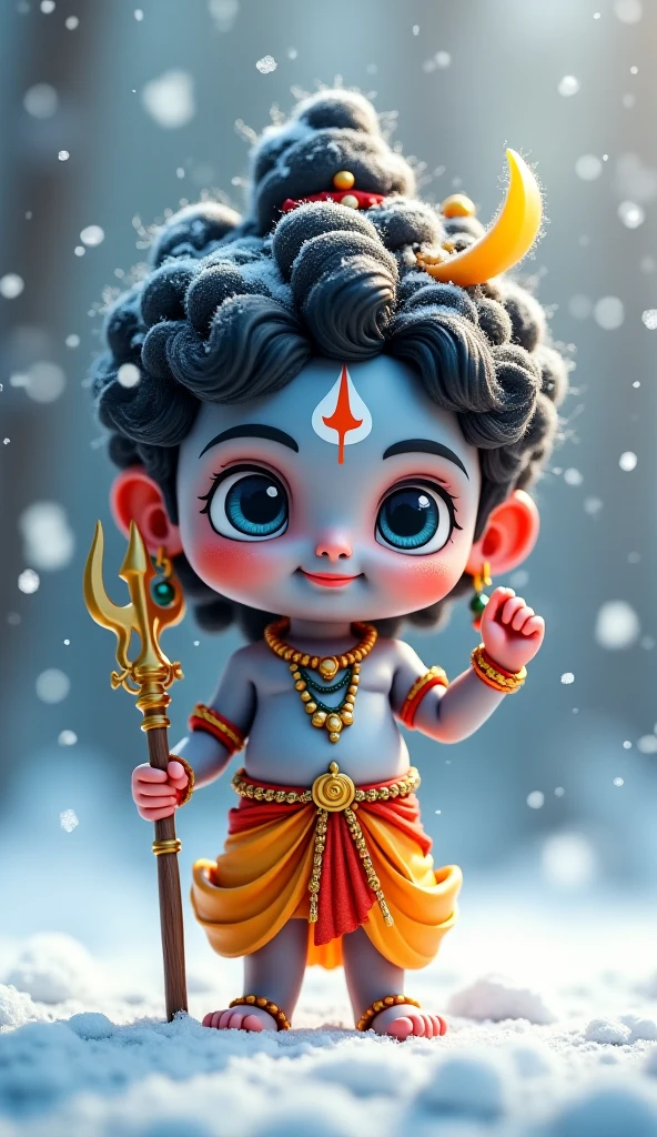 (photorealism:1.2), Create a 3D animated depiction of cute baby Lord Shiv Ji with a cute, youthful appearance. He should have a gentle smile, large expressive eyes, and a soft, friendly demeanor. His traditional attributes like the crescent moon on his head, the trident (Trishul), and the snake around his neck should be present but in a playful, stylized form.The background is filled with dark clouds and rain. The lighting is dramatic, with a bright spotlight on shiv ji and a dark background.