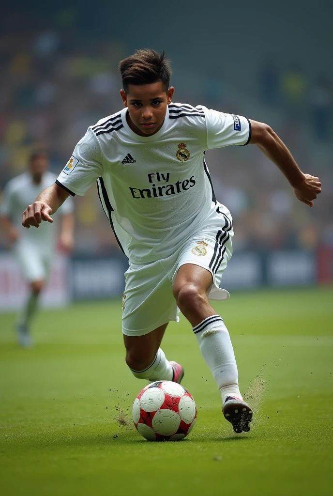 Un jeunne homme porte le maillot de real madrid anomme "TSIORY",numero 17 prêt pour frapper un penalty