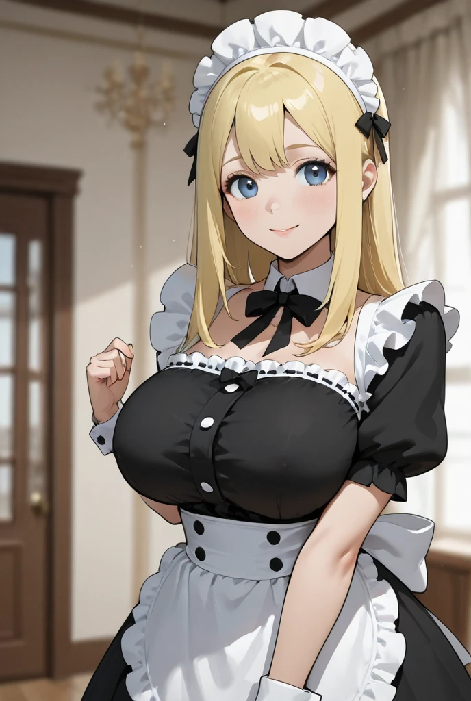 simple_background, red_background, 1girl, blonde_hair, beautiful face, beautiful woman, best quality, portrait, upper body, maid, black_maid_outfit, blue_eyes, sexy, large breasts, low-cut,