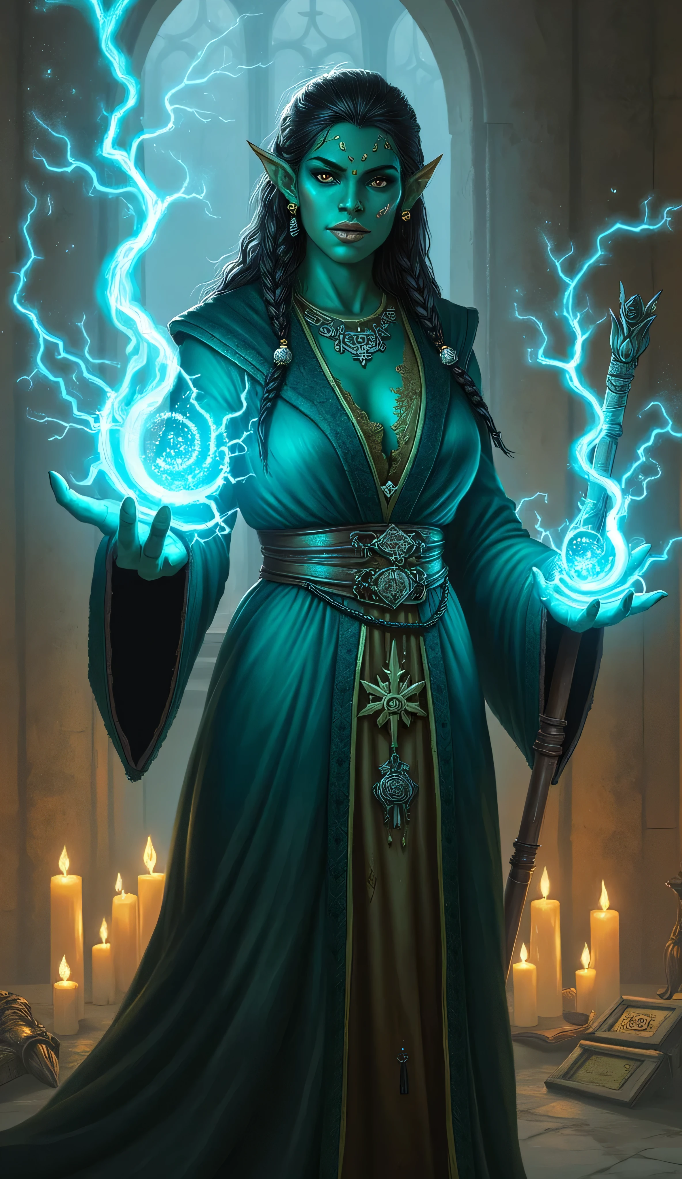 1woman, female, half-orc, sorcerer, classic Dungeons & Dragons fantasy style, dark turquoise skin, poined ears, sharp fangs, black sclera, intense eyes glowing with arcane energy, long dark braided hair is adorned with silver rings and mystical charms, wears an elegant flowing robe decorated with intricate arcane symbols, pulsing with faint magical light, conjures a swirling mass of elemental magic lightning, holds an ancient rune-covered staff, wisdom and raw power expression, standing, dramatic pose, mystical chamber filled with floating candles, ancient tomes, glowing magical artifacts, enhancing the atmosphere of an enchanted realm, cowboy shot, solo, wotr_portrait