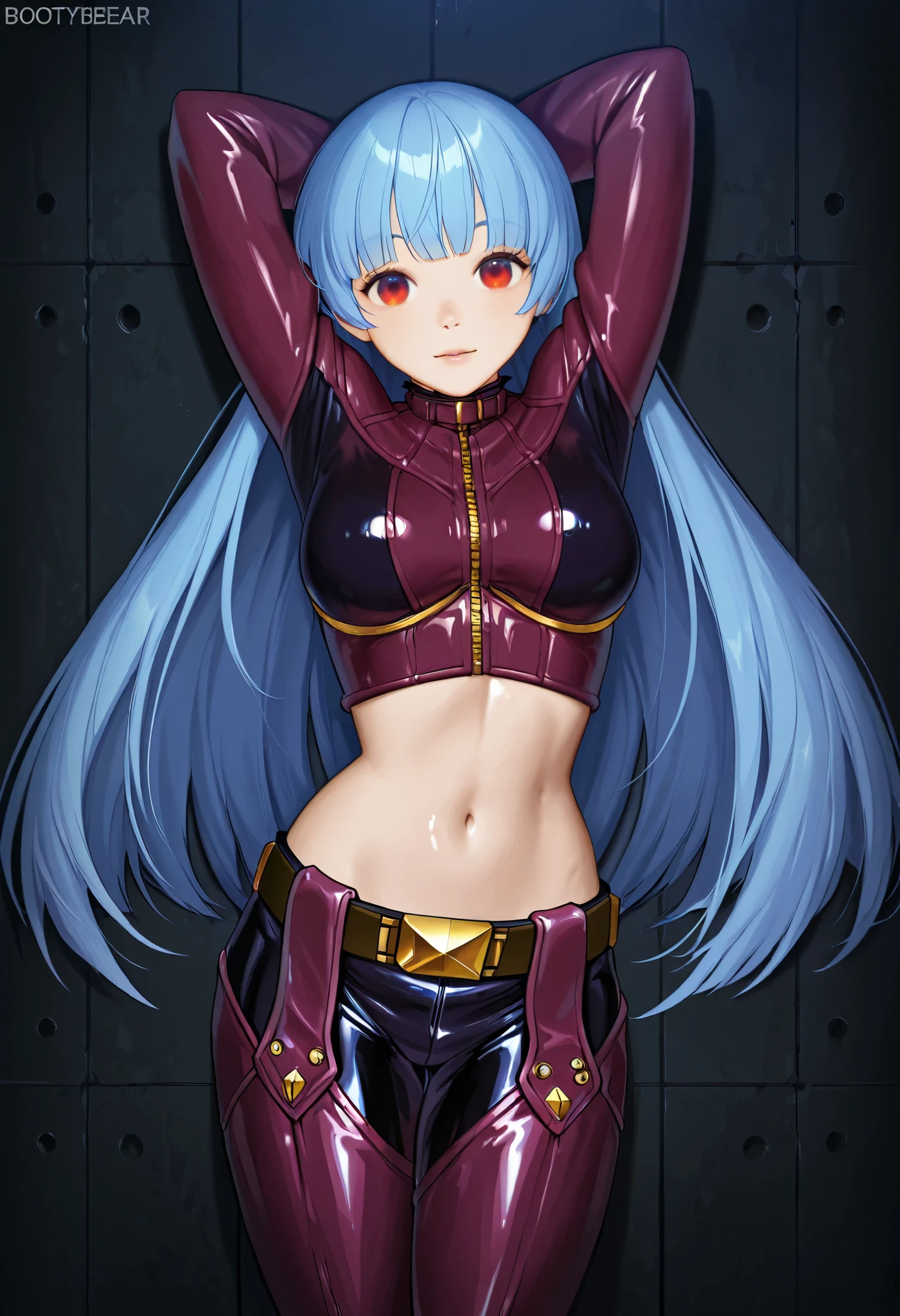 ultra-detailed, Explicit, Beautiful body, Beautiful Nose, Beautiful character design, perfect eyes, perfect face, ultra highres, 4K, beautiful legs, perfect legs, Nice hands, Perfect hand, Masterpiece, Best Quality, Highly detailed, illustration, absurdres, perfect anatomy, street fighter, doll suit, shadaloo doll, dollsuit, expressionless, blank eyes, looking at viewer, red gloves, emotionless, black latex, corrution, mind control, female combatant, full body, hypnotized, unhappy trance, full body suit, ribbed bodysuit, both arms at side, obey, perfect female body, extremely glossy latex, hypnosis, hypnoLora, empty eyes, Mind control device, poses, submissive_pose, Slave, stand up straight, standing, standing at attention, hat, necktie, belt, latex, ribbed bodysuit, thighhighs, garter belt, Fighting Stance, extending the right arm from the shoulder into the air with a straightened hand, military, thigh boots, 1girl, hair ornaments, blue hair, long hair, purple eyes, (((pixel-perfect, detail-perfect))), solo, 1girl, Frederica Bernkastel, umineko when they cry, blunt bangs, bowtie