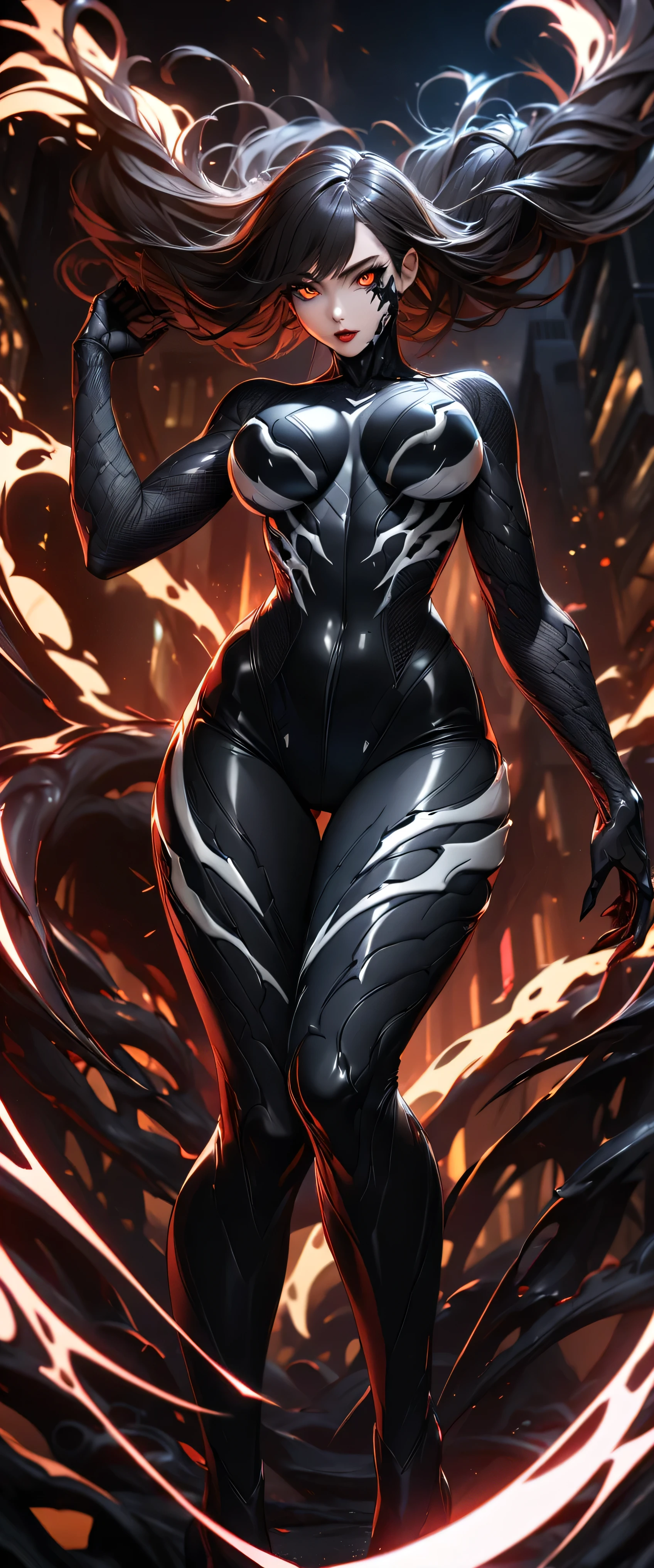 "A highly detailed digital art of a girl wearing a sleek, black Venom-inspired suit, full body portrait. The suit is textured with glossy, alien-like symbiote patterns, covering her entire body like a second skin. Busty, curvy hips, Her face is partially revealed with intense eyes, while the symbiote forms sharp, organic patterns around her. The background is dark with faint city lights, adding an urban and edgy atmosphere. The scene should feel dynamic and intense, capturing a strong, fearless expression on her face."