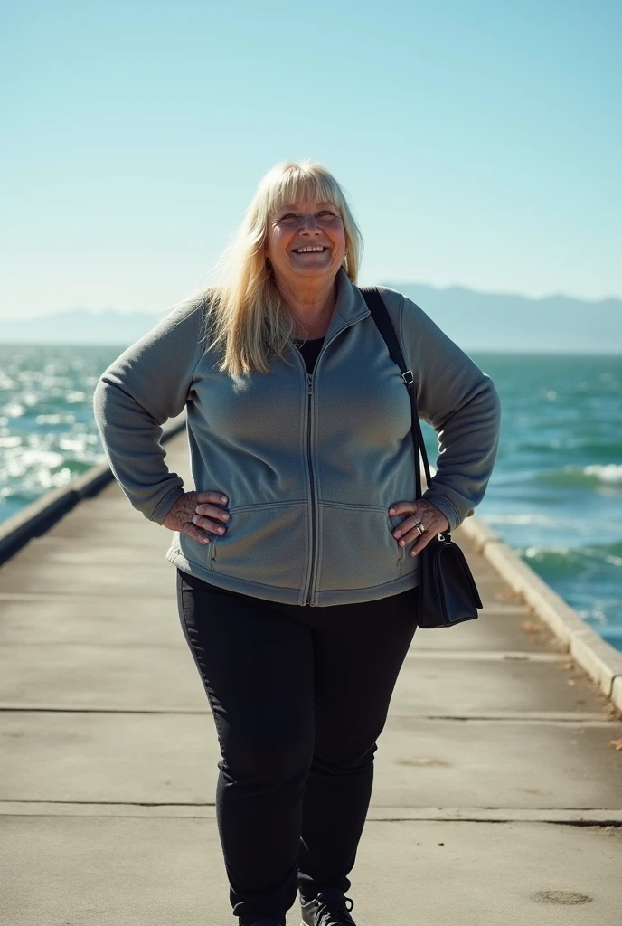 her name is Amélie, high quality, ((mature)), ((white pale skin)), 1girl, ((40-year-old chubby Swiss woman)), ((40 years old)), ((chubby)), ((CRANKY short BLONDE)), pose: sensual, wearing stylish (((wearing stylish grey printed modern wear))), ((BACKGROUND: strolling through a lighthouse at dawn in the south of France))
