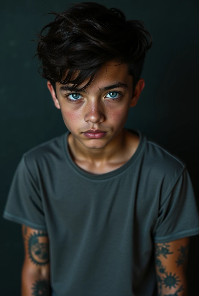 a young lad, white skin and short black hair, with a cool haircut, gray blue eyes. Despite being young, he has a marked jaw., a treacherous smile. The face has a more triangular shape, wears loose, dark clothes. PICTURE REALISTIC.