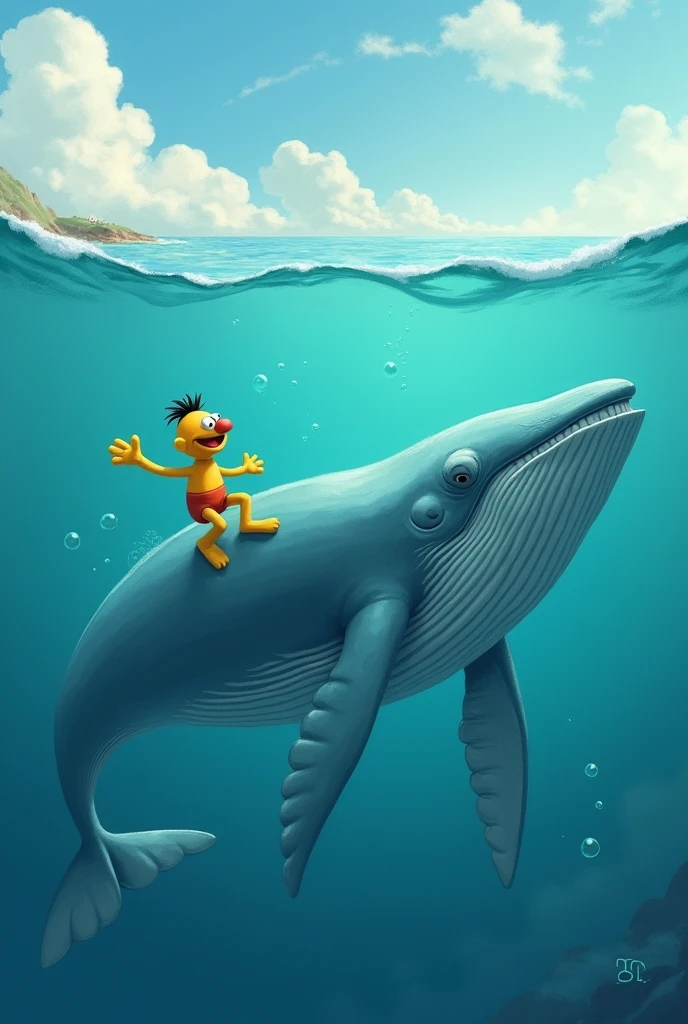 Fat guy with beard and short hair riding a dolphin with rainbows