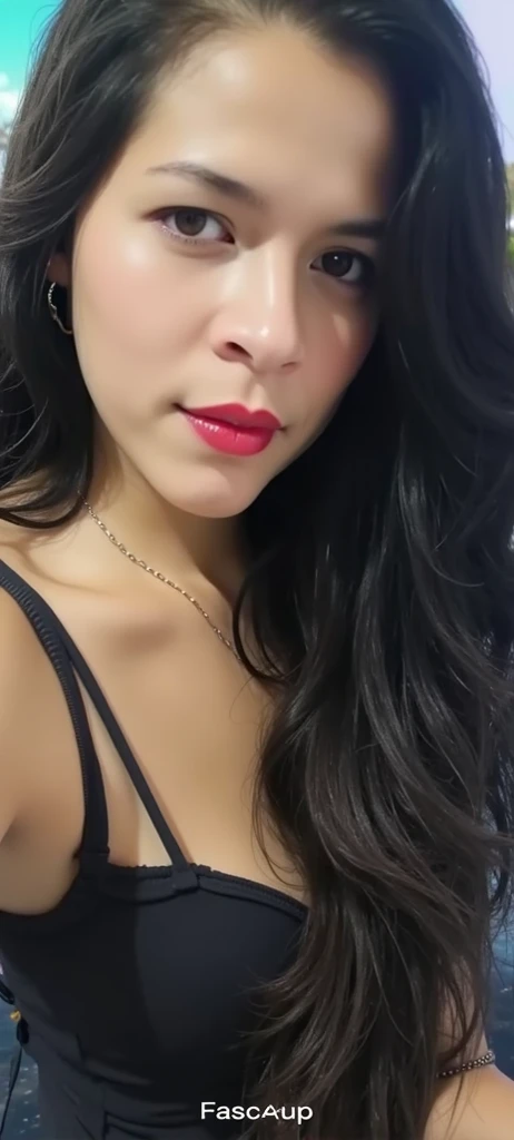1 mexican girl, 25 years old, Long Wavy black Hair, dark brown eyes, black hair, nude, cleavage, smiling, red lipstick