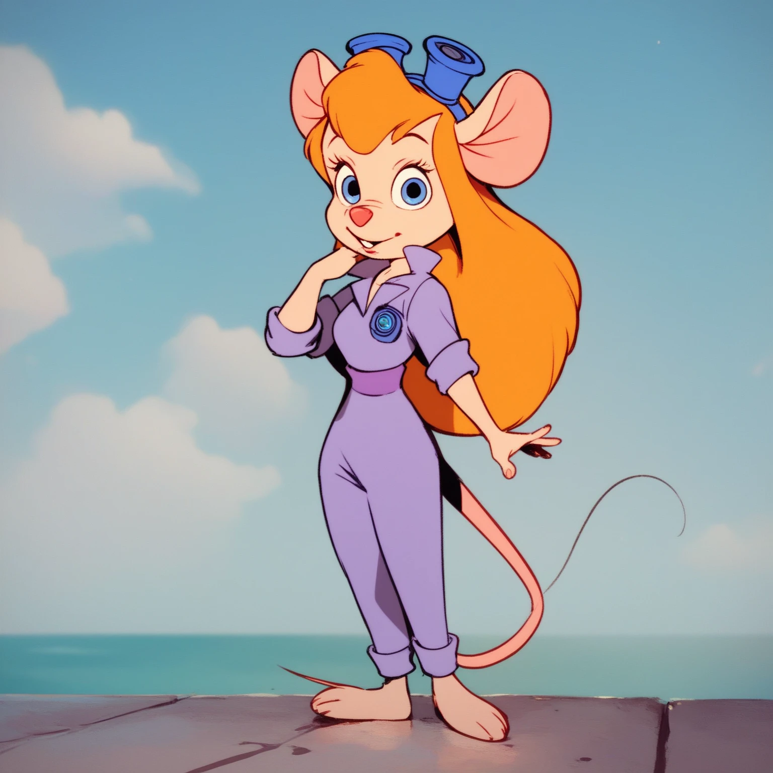 NSFW, check_9, check_8, check_7, check_6, Girl (Anthropomorphic mouse, gadget), cartoon, stands at full height, unfastens the jumpsuit (((shows ))), looks at the viewer.