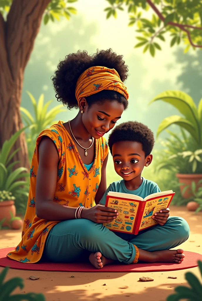 30 years old black lady, wearing a kente outfit standing and talking to her son, a boy of 12 years old reading a book
(masterpiece best quality:1.2) delicate illustration ultra-detailed, illustrations, bright, colourful,
