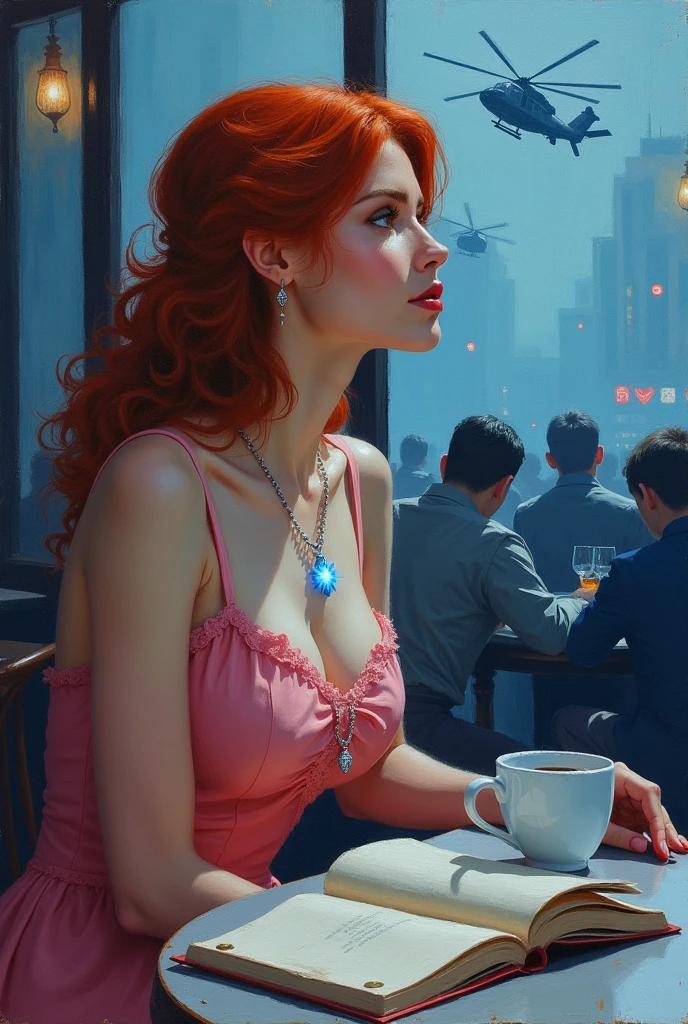 1 beautiful woman, beautiful face, dressed as a hostess, face made up, eyes closed, sexy woman, redhead, wavy hair, ponytail, sweating, drooling, made up lips; painted eyelids, big body, cleavage, sleeping with her mouth open, sleeping on the bus, model lookalike Bryce Dallas Howard